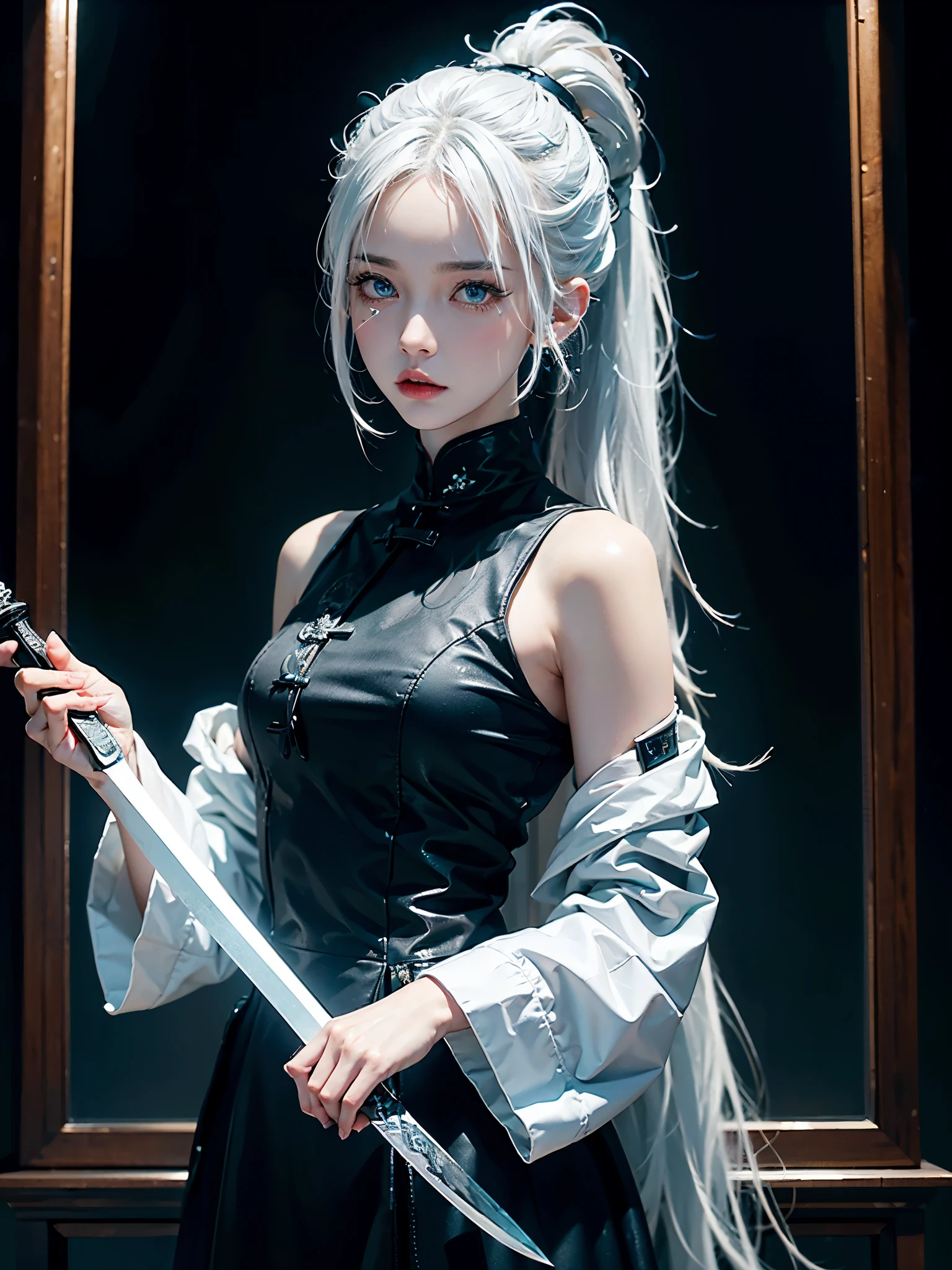white hair girl,gloomy expression,blue pupils,black连衣裙,high ponytail,Tall,gloomy,站在night的阴暗小巷,Holding a bloody dagger in hand,black,masterpiece,best quality,detailed,night