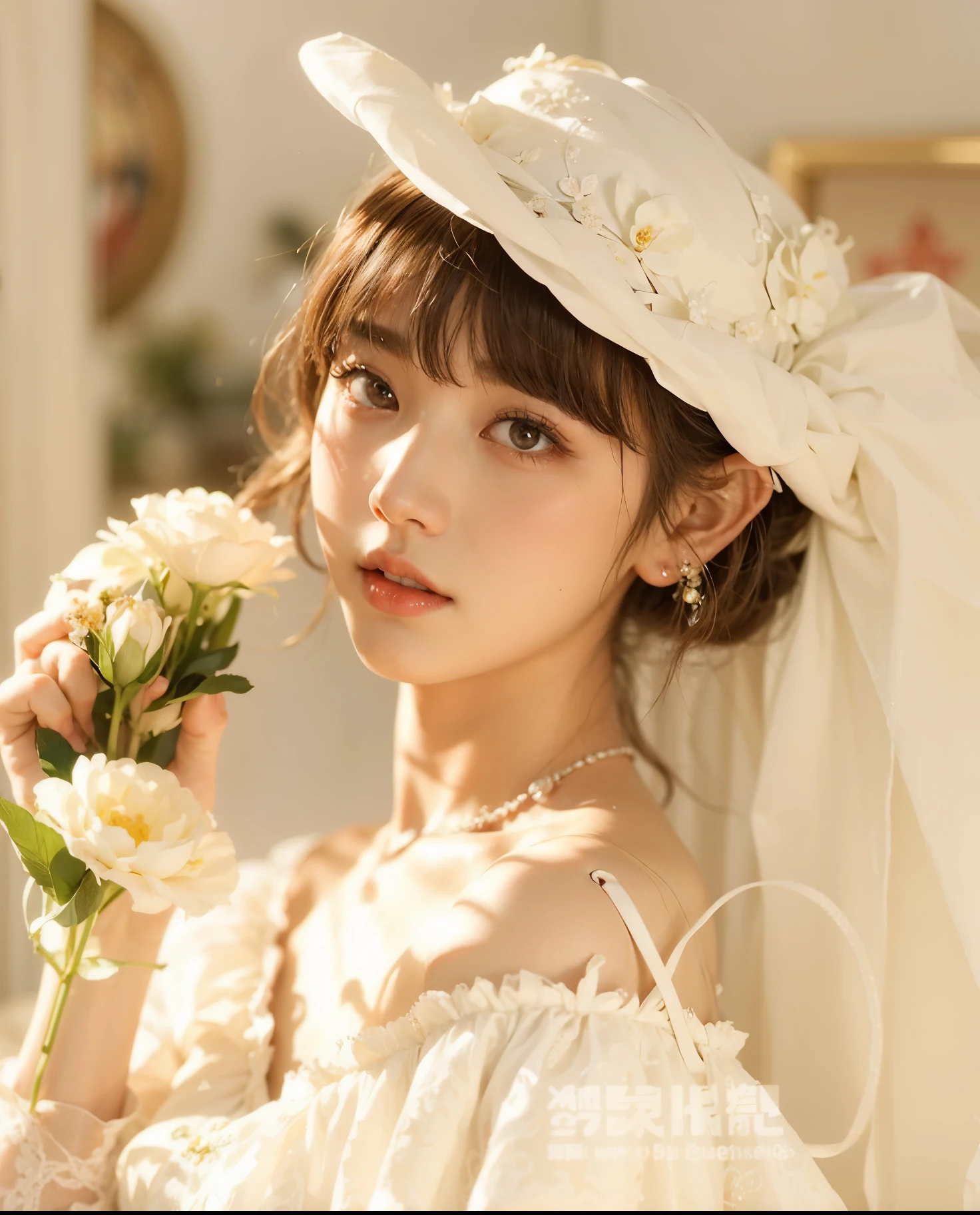 a close up of a woman in a wedding dress holding a flower, lalisa manobal, ulzzang, guweiz, white hime cut hairstyle, by Ayami Kojima, sakimichan, ethereal beauty, jinyoung shin, cai xukun, chiho, rin, dreamy and ethereal, milky white skin, inspired by Ma Yuanyu