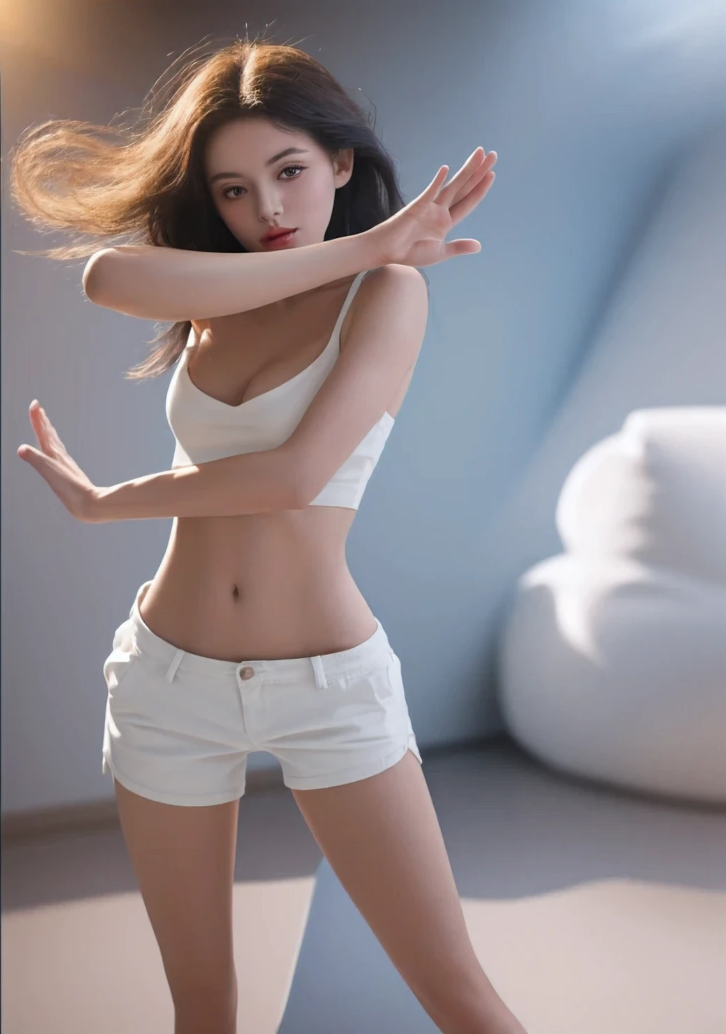 Girl posing for photo, full body, , slim body, smaller bust, slim girl model, 24-year-old female model, best quality, masterpiece, high resolution, 8K, (realistic: 1.4), super high resolution, 1 girl, super detailed, surreal, highly detailed CG illustration, official art, cinematic light, reality, young beautiful girl, perfect body, perfect body, full viewing angle, perfect body, (from below: 1.3, pose, sexy long legs, confident, beautiful sexy, open belly, white super shorts, S-shaped body, hips upturned, posing, posing, Atmospheric distance sense