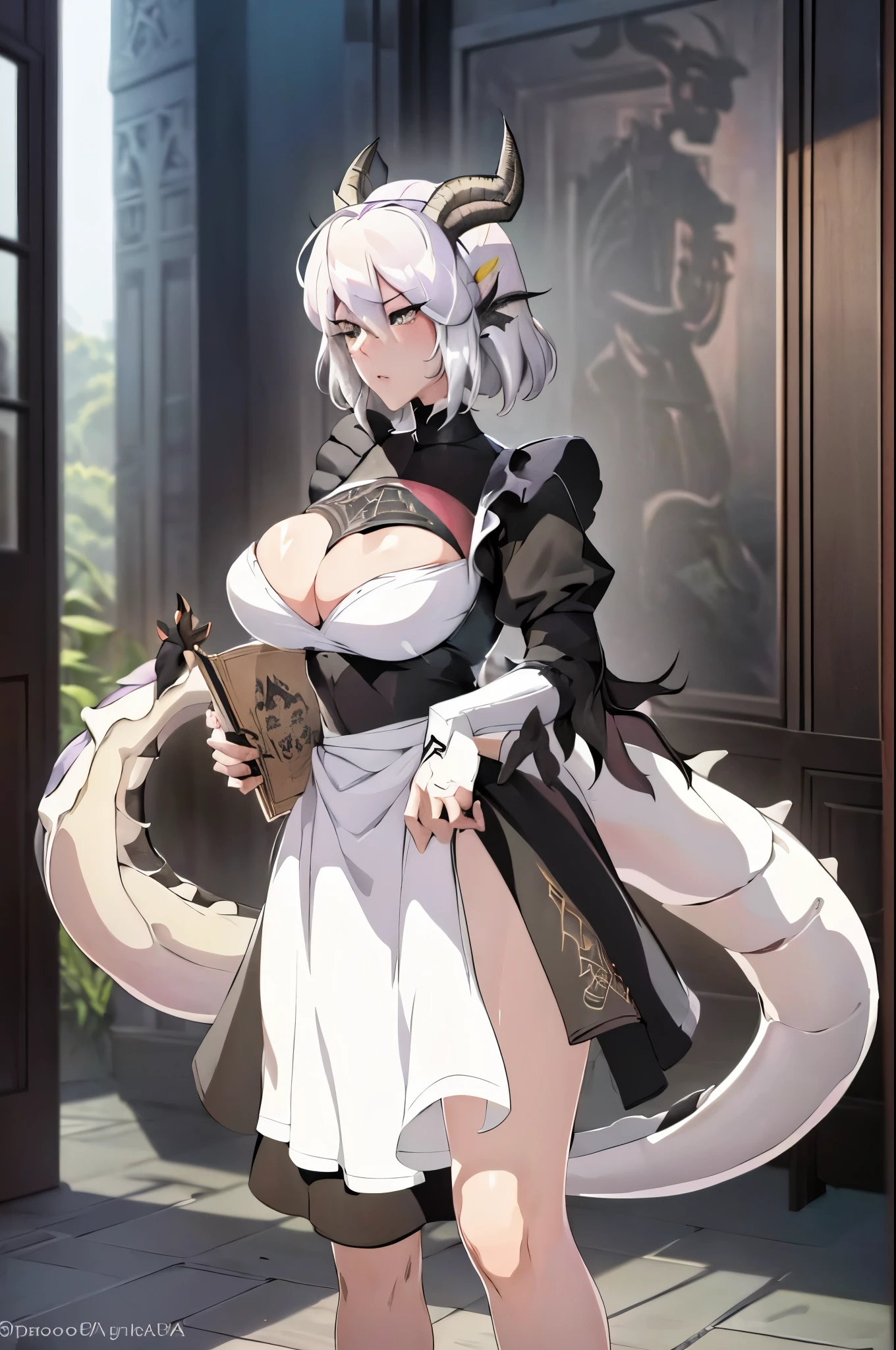 ((obra de arte, alta qualidade, high resolution,))
ao ar livre, sentado, 
2b nier, housekeeper, (((roupa de Maid))), (((dragon fat tail))), ((white colored dragon scales)), (((dragon horns)))