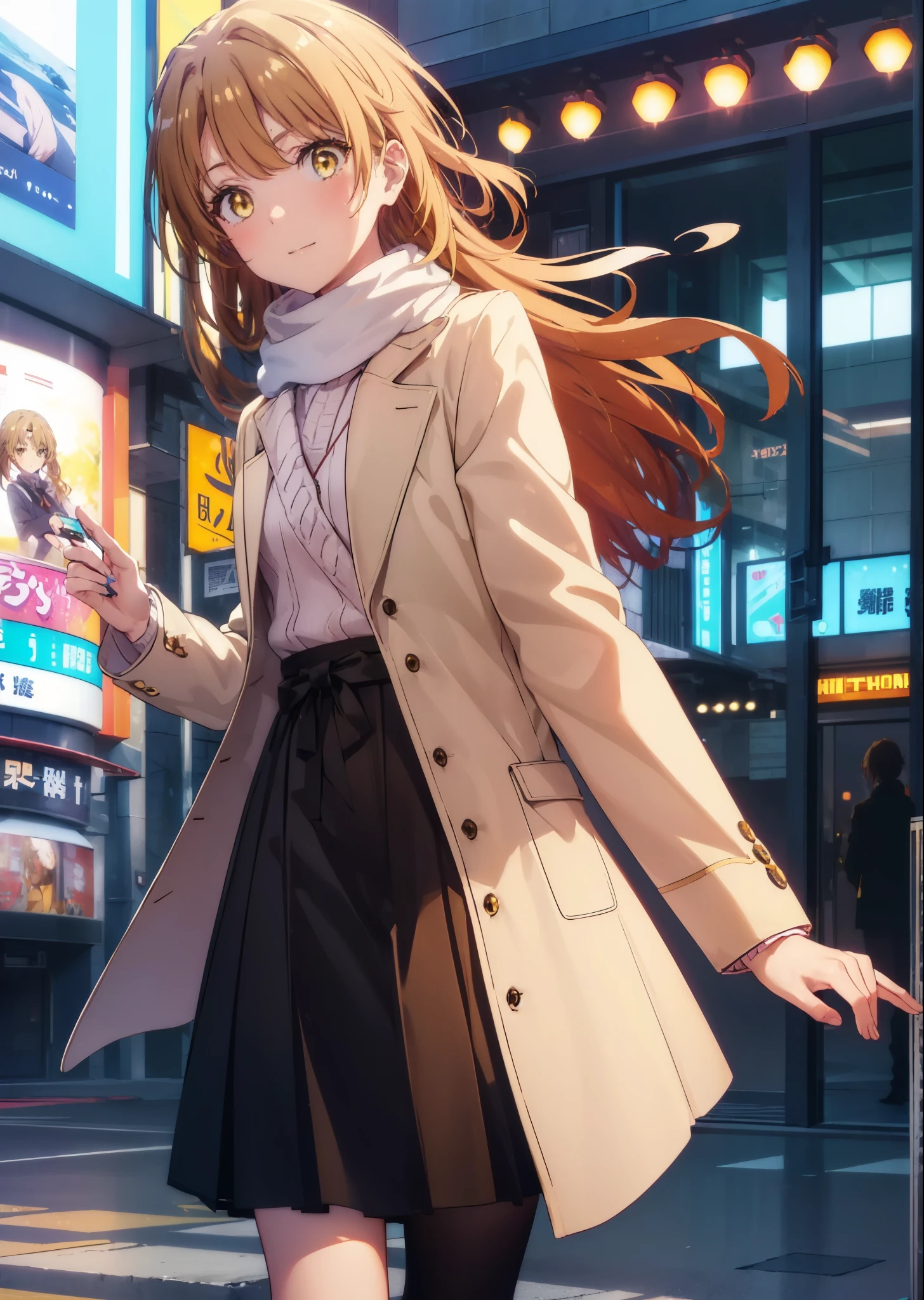 irohaisshiki, Isshiki Iroha, long hair, brown hair, (brown eyes:1.5), smile,blush,yellow long coat,sweater,red muffler,black long skirt,black pantyhose,short boots,winter,It&#39;s snowing,
break outdoors, city,building street,
break (masterpiece:1.2), highest quality, High resolution, unity 8k wallpaper, (shape:0.8), (beautiful and detailed eyes:1.6), highly detailed face, perfect lighting, Very detailed CG, (perfect hands, perfect ???????),
