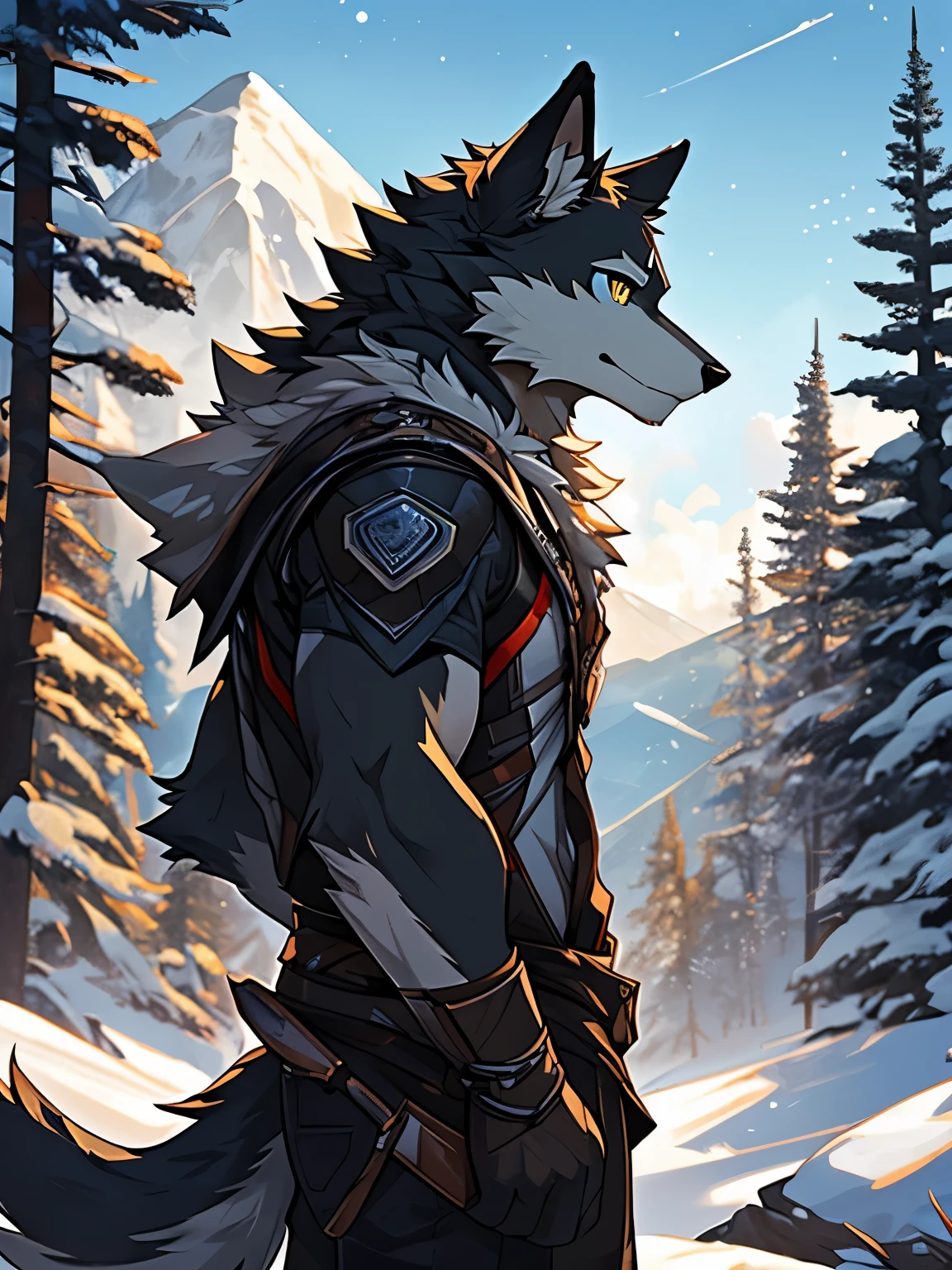 (Furry art, uploaded on e621: 1.4),1 boy, a wolf, alone, on a mountain, looking at the stars, standing, detail fur, perfect eyes, detail body, detail face, perfect pulpils, mucular, (masterpiece), (best quality), (ultra-detailed: 1.0), cool pose, (Clear, shiny:0,8), (1boy, solo), (solo_focus), detail fluffy fur, natural lighting, (male), anthro, on forest, detail background, perfect sky, detail fur, eyes yellow, pulpil Balck