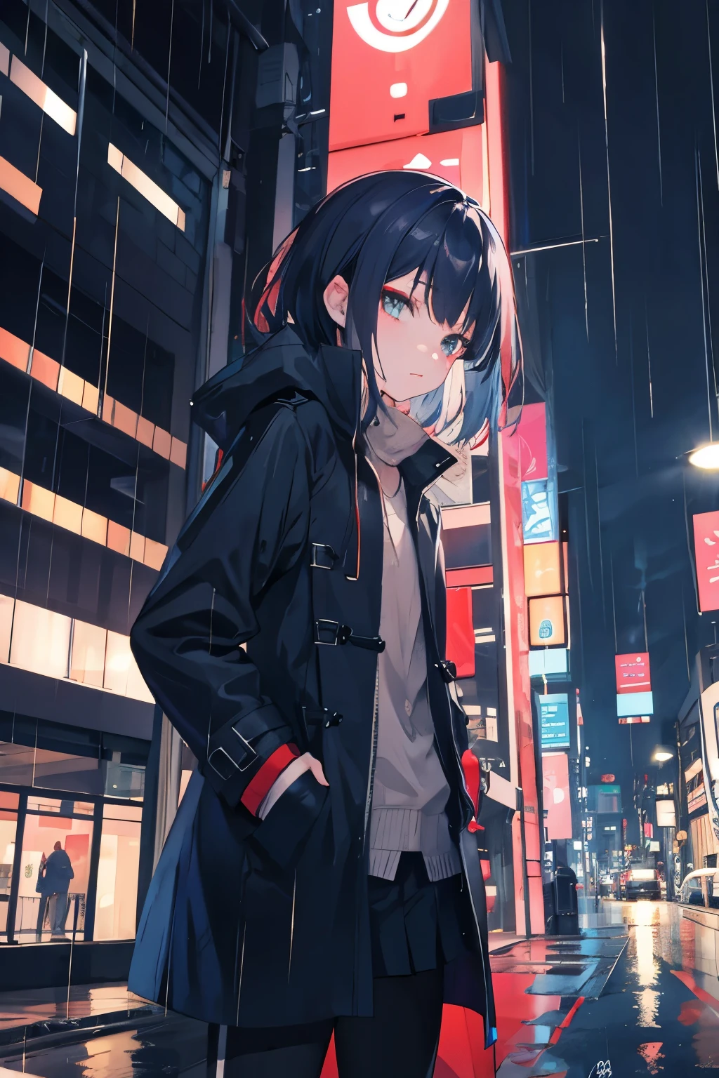1girl,night city,rain,coat,hands in pockets