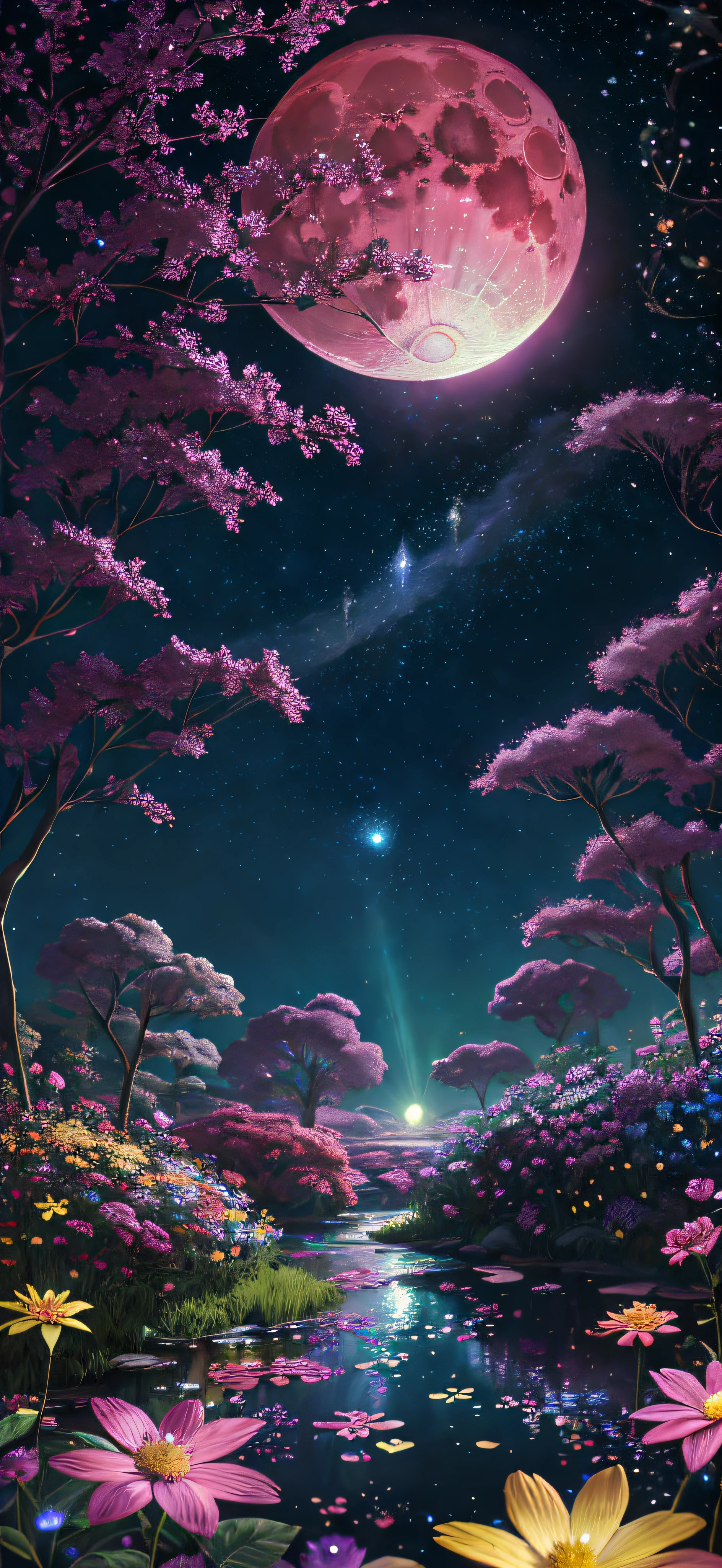 paint (About)+, Atmosphere, Nature scene, Aspect ratio 1:1, com.raytracing, peach, seamless, (Colorful), (Detailed, complex, crowded background: 0.8), Fantasy flowers, (a night:1.4), Complex details, Beautiful shine, Flat illustration, Love of details, (Very detailed), Photon mapping, ((Complex details)), (Big pink moon)