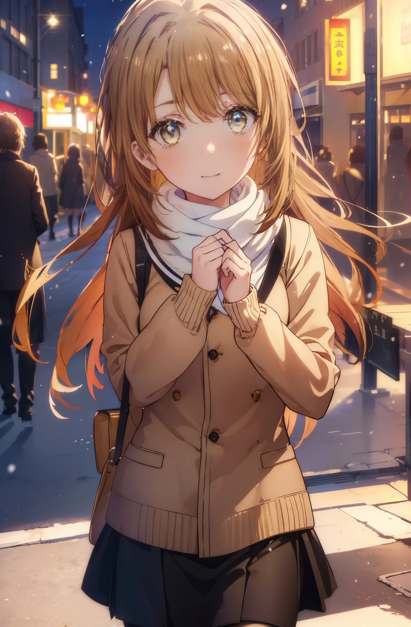 irohaisshiki, Isshiki Iroha, long hair, brown hair, (brown eyes:1.5), smile,blush,yellow long coat,sweater,red muffler,black long skirt,black pantyhose,short boots,winter,It's snowing,
break outdoors, city,building street,
break (masterpiece:1.2), highest quality, High resolution, unity 8k wallpaper, (shape:0.8), (beautiful and detailed eyes:1.6), highly detailed face, perfect lighting, Very detailed CG, (perfect hands, perfect anatomy),
