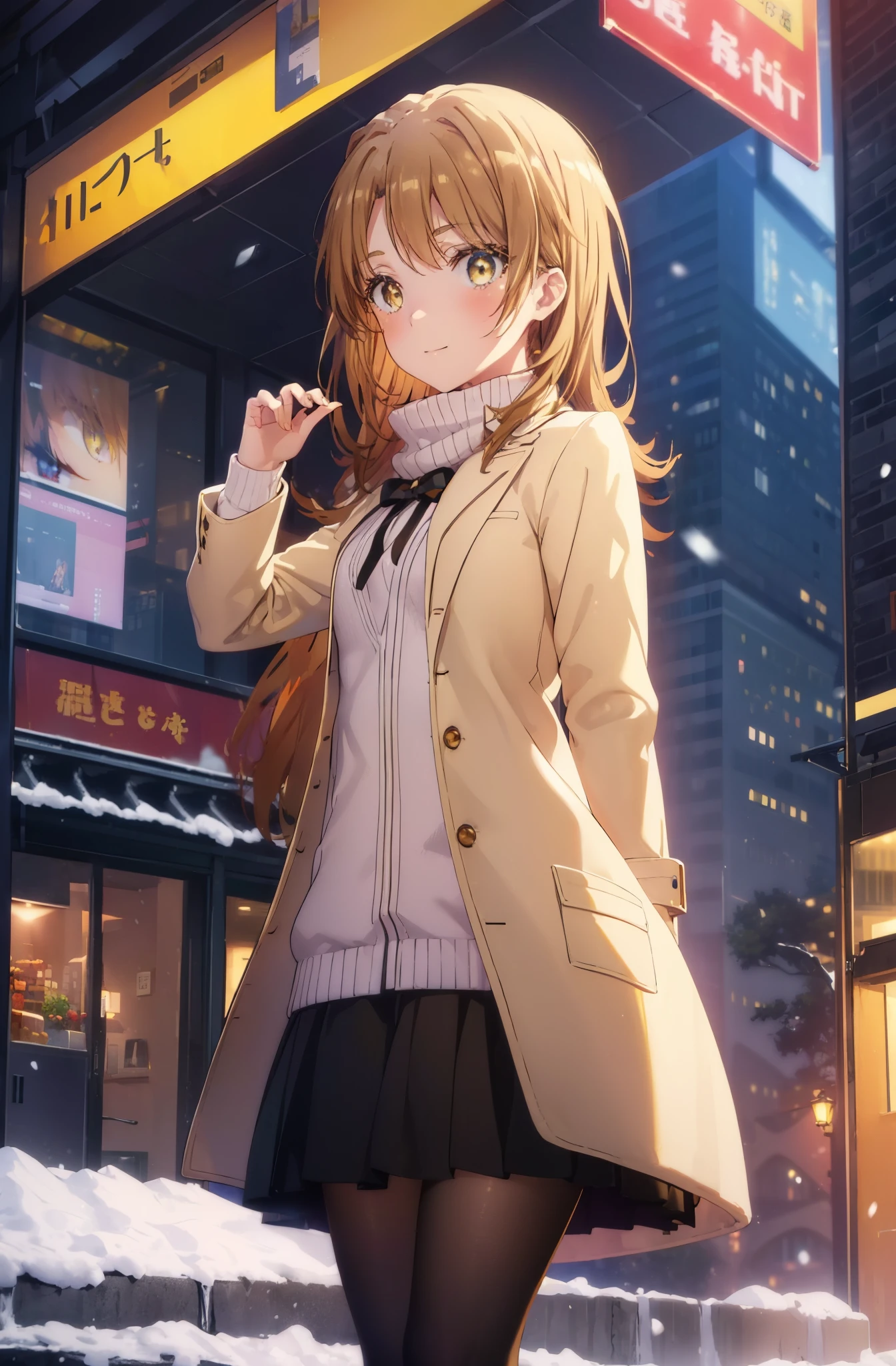 irohaisshiki, Isshiki Iroha, long hair, brown hair, (brown eyes:1.5), smile,blush,yellow long coat,sweater,red muffler,long black skirt,black pantyhose,short boots,winter,It&#39;s snowing,
break outdoors, city,building street,
break (masterpiece:1.2), highest quality, High resolution, unity 8k wallpaper, (shape:0.8), (beautiful and detailed eyes:1.6), highly detailed face, perfect lighting, Very detailed CG, (perfect hands, perfect anatomy),