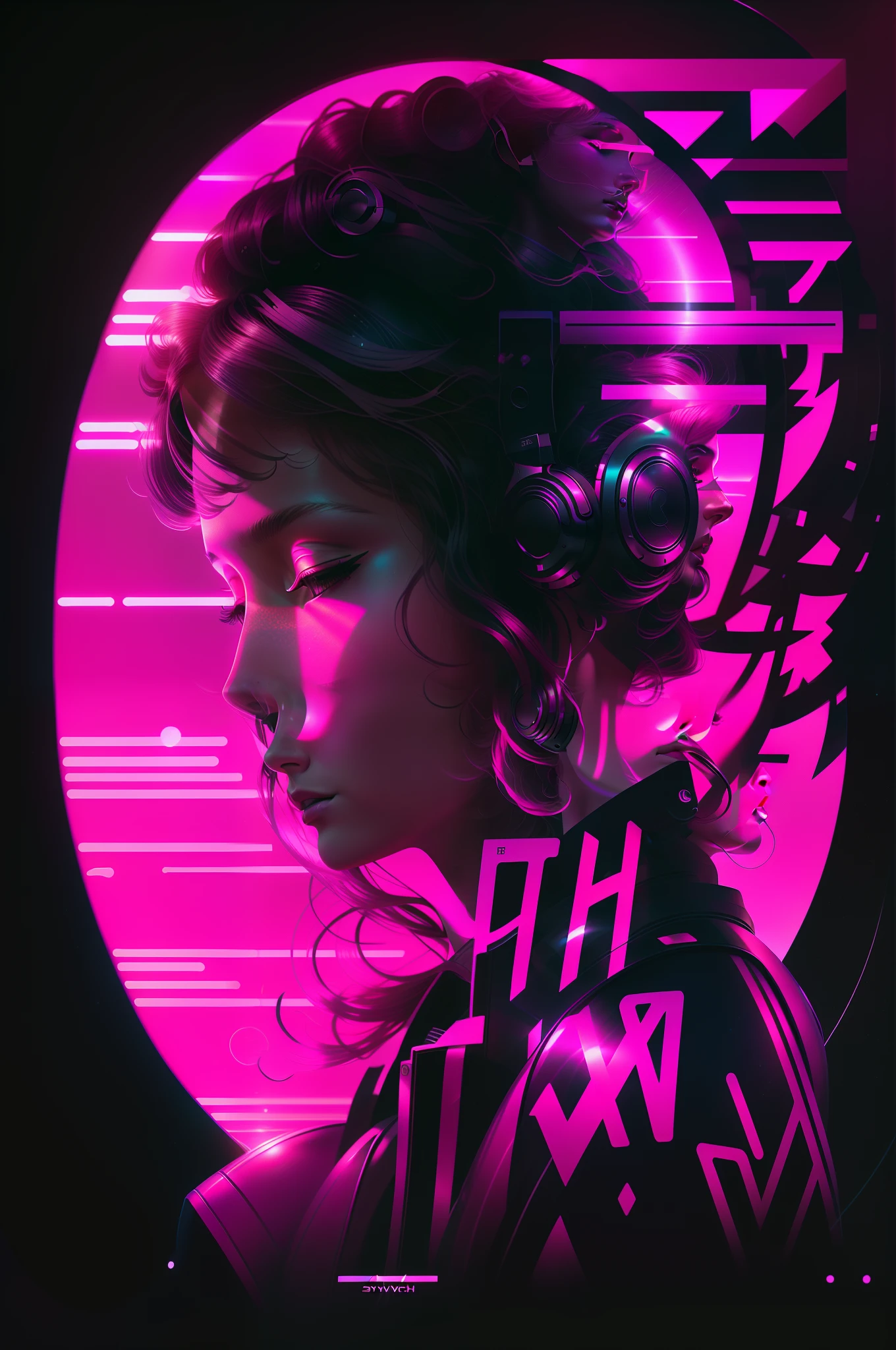 a woman with headphones in front of a pink circle, ( ( ( Synthetic wave ) ) ), 80s style Synthetic wave, arstation suave, Synthetic wave art style ]!!, (Synthetic wave), ((Synthetic wave)), Synthetic wave style, Synthetic wave inspired, 8 0 s Synthetic wave, dark Synthetic wave, [ Synthetic wave art style ]!!