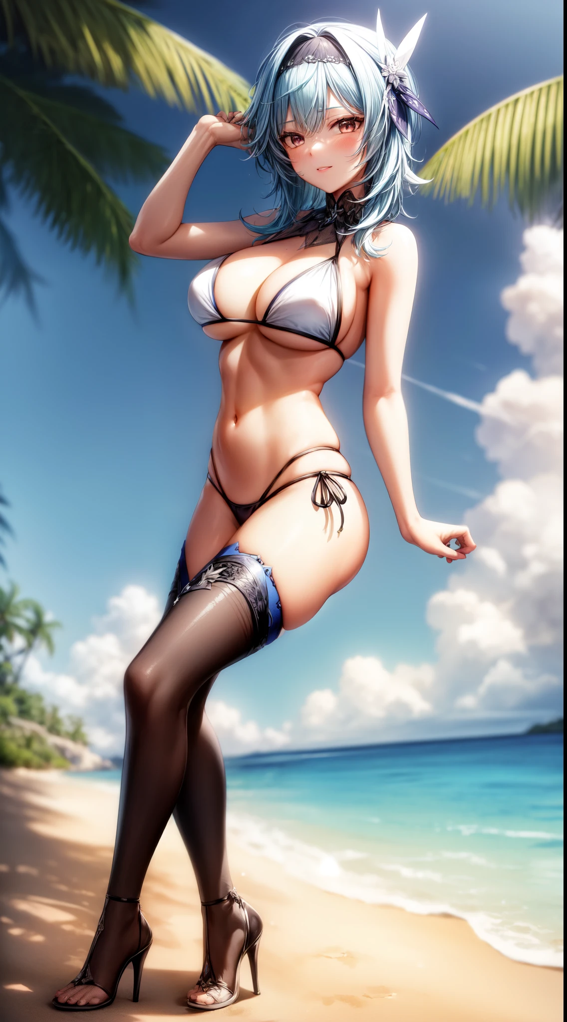 anime, beautiful face, highly detailed face, (2 accurate legs:1), brown detailed eyes, highly detailed beach background, perfect lighting, best lighting, (no shadows:1.2), 1girl, solo, outdoors, genshin impact, eula, hair ornament, (beautiful light blue hair hair:1.2), absurdres, high res, ultrasharp, 8K, masterpiece, looking at viewer, teasing smile, facial expressions full of love, BREAK (detailed sexy beach bikini:1.5), (all intricate lace:1.2), (detailed heels:1.2), (elegant pose:1.2), (full body:1.0)