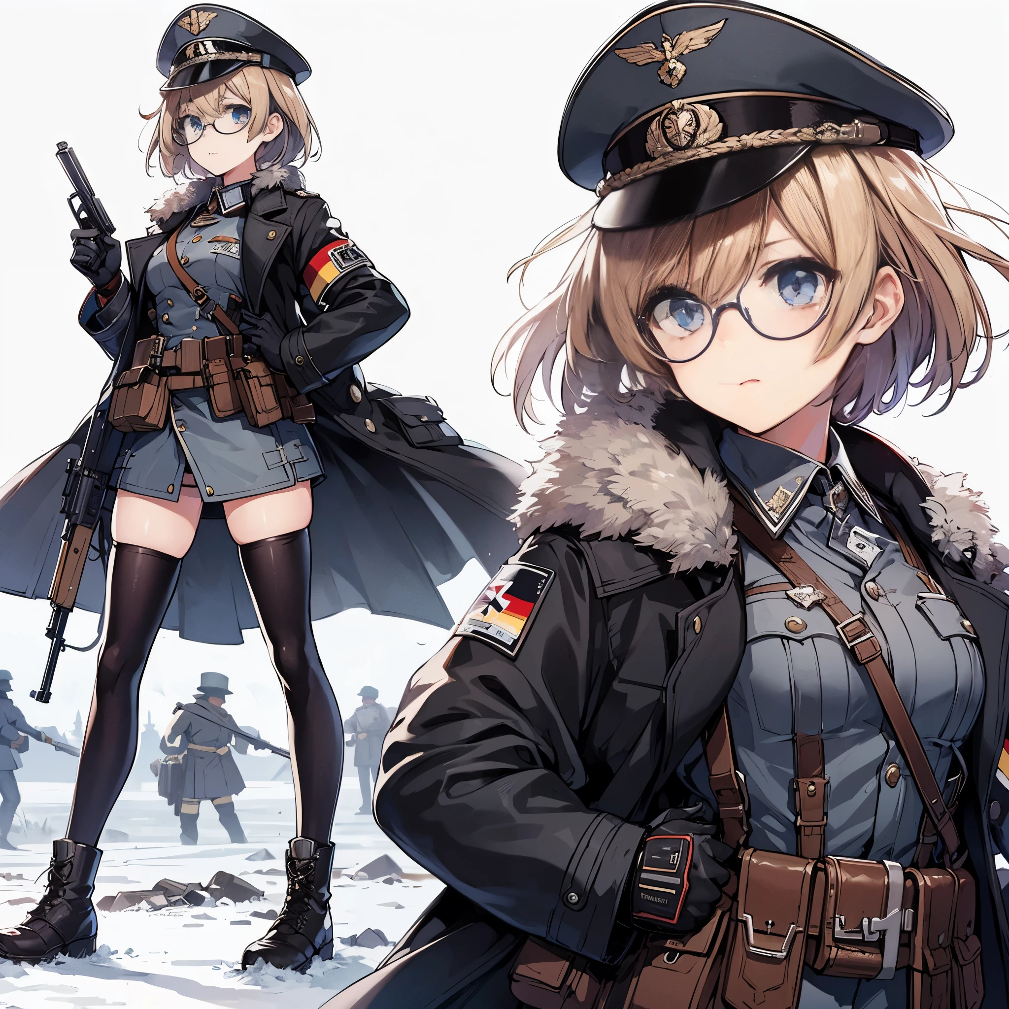 (masterpiece, Best Quality), (Perfect athlete body:1.2), (detailed hairs), Ultra-detailed, Anime style, Full body, Solo, German uniform girl, short blond hair, blue eyes, thick glasses, military hat and unadorned military coat and boots, standing on wasteland, 8k high resolution, white background, whole body,