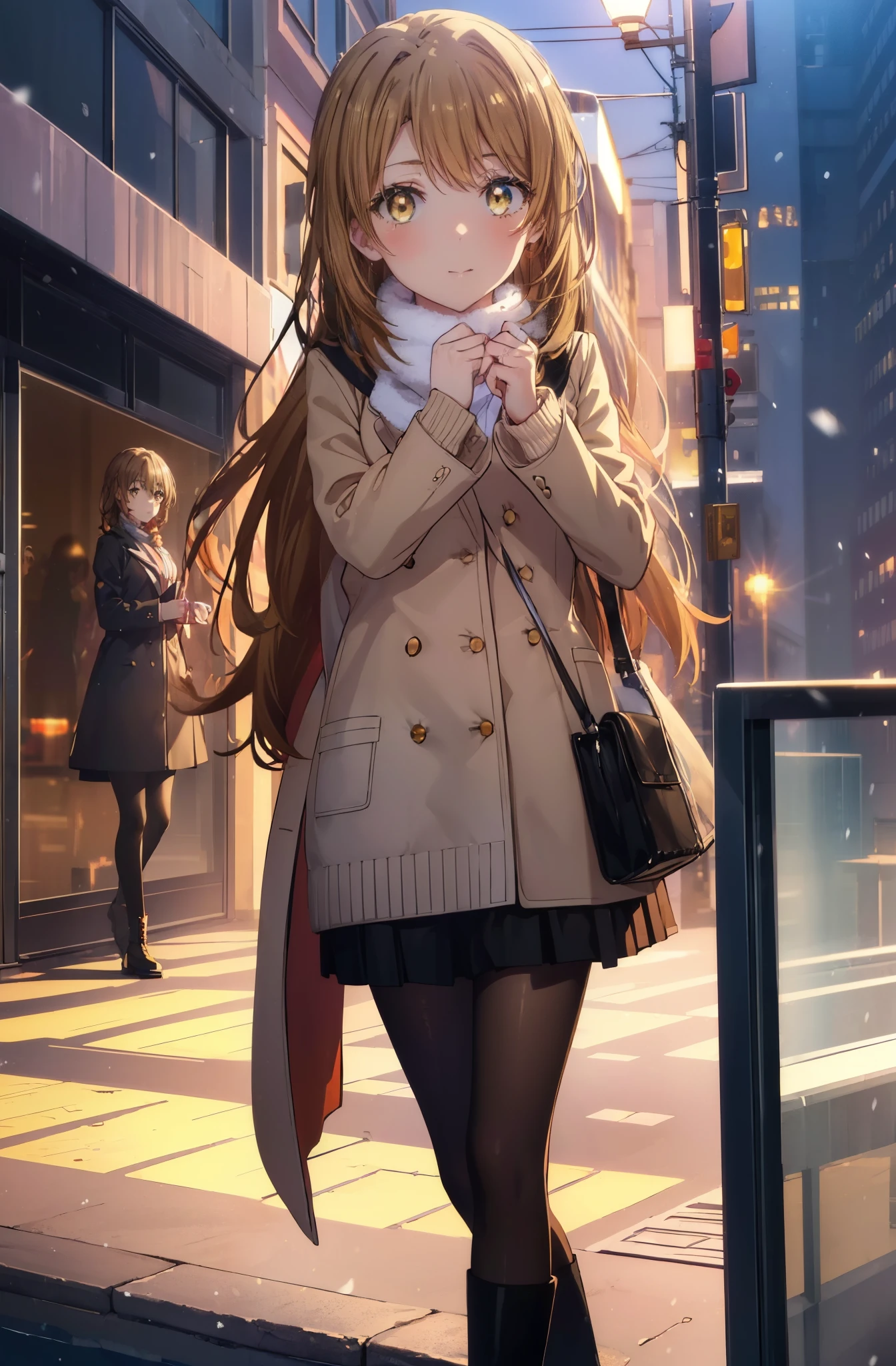 irohaisshiki, Isshiki Iroha, long hair, brown hair, (brown eyes:1.5), smile,blush,yellow long coat,sweater,red muffler,long black skirt,black pantyhose,short boots,winter,It's snowing,
break outdoors, city,building street,
break (masterpiece:1.2), highest quality, High resolution, unity 8k wallpaper, (shape:0.8), (beautiful and detailed eyes:1.6), highly detailed face, perfect lighting, Very detailed CG, (perfect hands, perfect anatomy),