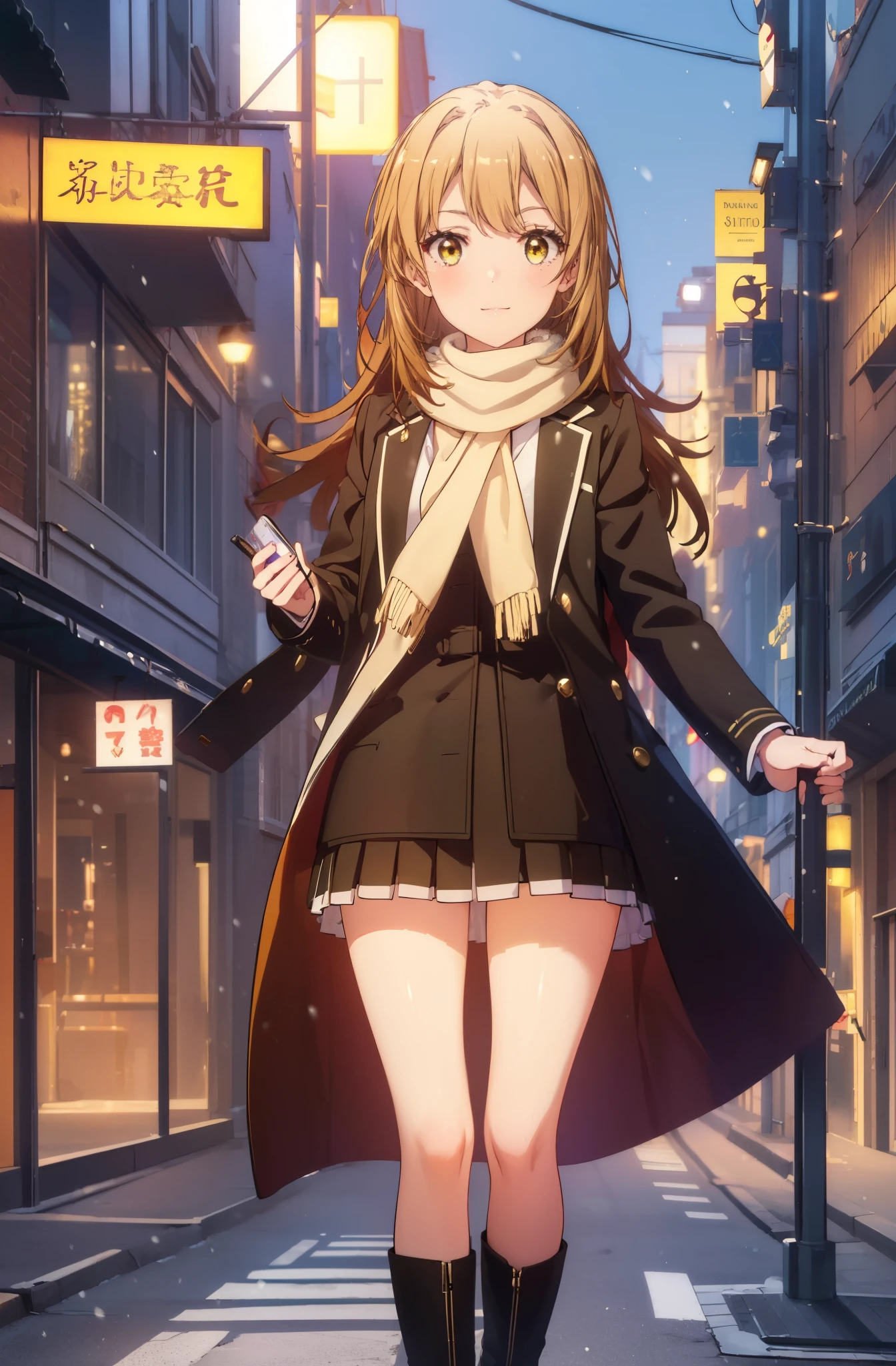 irohaisshiki, Isshiki Iroha, long hair, brown hair, (brown eyes:1.5), smile,blush,yellow long coat,sweater,red muffler,long black skirt,black pantyhose,short boots,winter,It's snowing,
break outdoors, city,building street,
break (masterpiece:1.2), highest quality, High resolution, unity 8k wallpaper, (shape:0.8), (beautiful and detailed eyes:1.6), highly detailed face, perfect lighting, Very detailed CG, (perfect hands, perfect anatomy),
