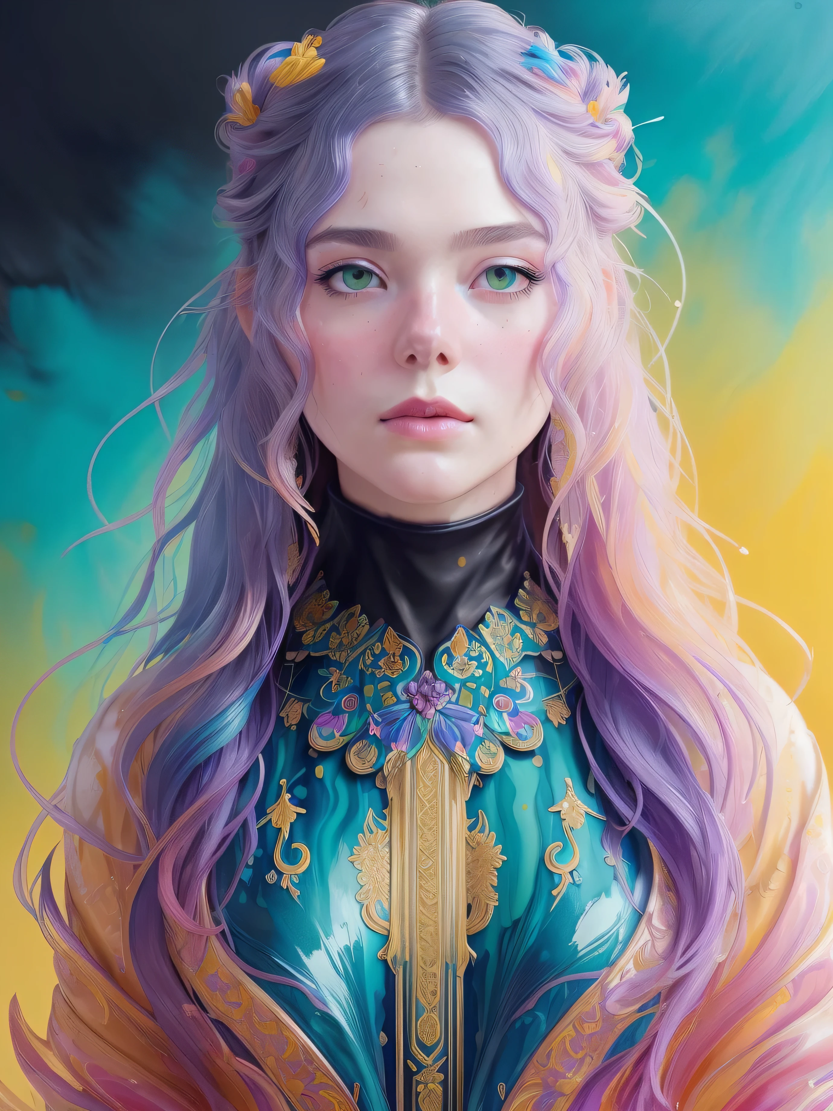 Colorful beautiful girl: a giru 28-years old, messy hair, oil painting, nice perfect face with soft skinice perfect face, blue yellow colors, light purple and violet additions, light red additions, intricate detail, splash screen, 8k resolution, masterpiece, cute face,artstation digital painting smooth veryBlack ink flow: 8k resolution photorealistic masterpiece: intricately detailed fluid gouache painting: by Jean Baptiste Mongue: calligraphy: acrylic: watercolor art, professional photography, natural lighting, volumetric lighting maximalist photoillustration: by marton bobzert:, complex, elegant, expansive, fantastical,  wavy hair, vibrant, Best quality details, realistic, High definition, High quality texture, epic lighting, Cinematic film still, 8k, soft lighting, anime style, masterful playing card border, random Colorful art, oil painting, blue yellow colors, light purple and violet additions, light red additions, intricate detail, splash screen, 8k resolution, masterpiece, artstation digital painting smooth veryBlack ink flow: 8k resolution photorealistic masterpiece: intricately detailed fluid gouache painting: by Jean Baptiste Mongue: calligraphy: acrylic: watercolor art, professional photography, natural lighting, volumetric lighting maximalist photoillustration: by marton bobzert:, complex, elegant, expansive, fantastical, vibrant