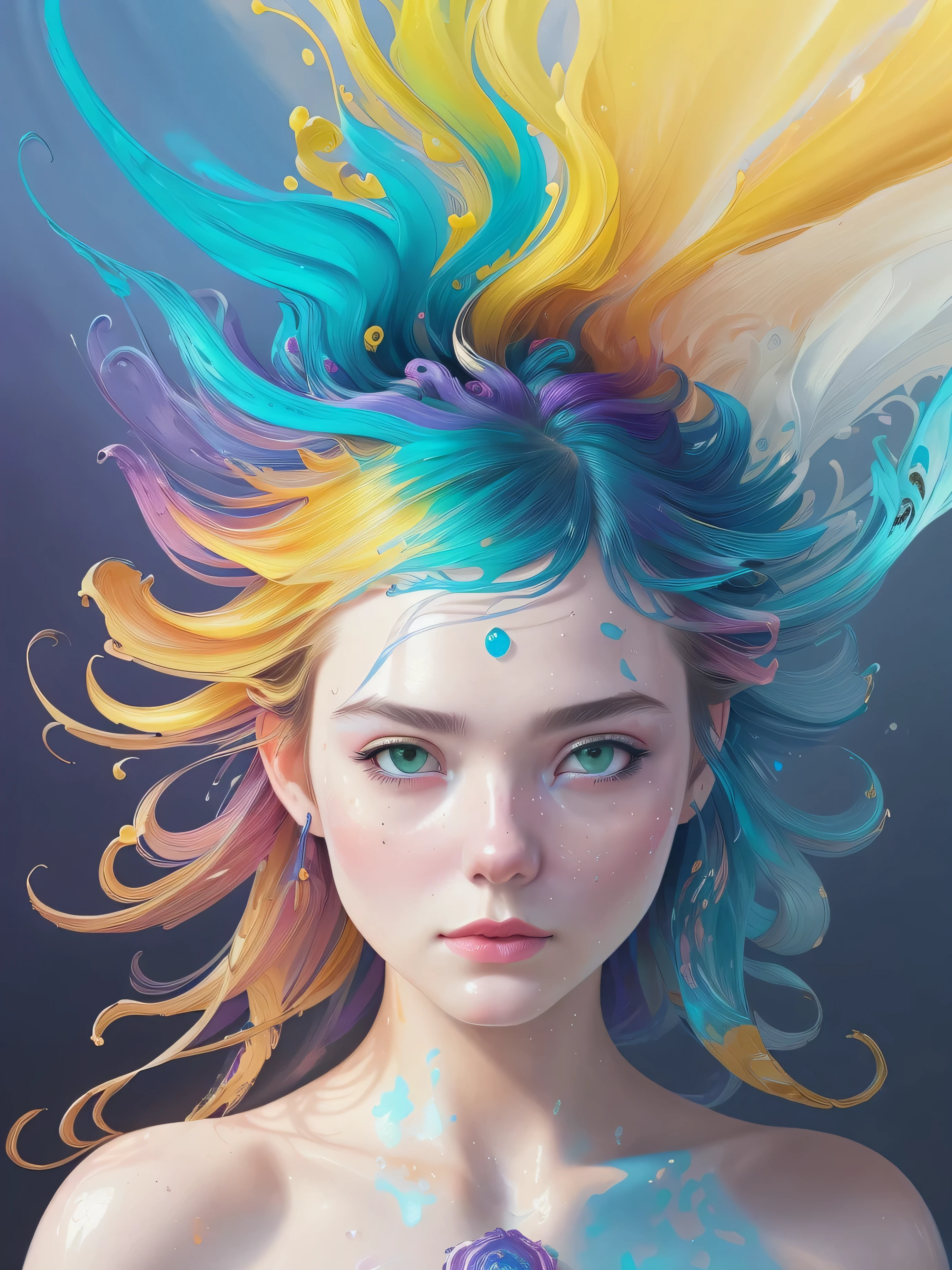 Colorful beautiful girl: a giru 28-years old, messy hair, oil painting, nice perfect face with soft skinice perfect face, blue yellow colors, light purple and violet additions, light red additions, intricate detail, splash screen, 8k resolution, masterpiece, cute face,artstation digital painting smooth veryBlack ink flow: 8k resolution photorealistic masterpiece: intricately detailed fluid gouache painting: by Jean Baptiste Mongue: calligraphy: acrylic: watercolor art, professional photography, natural lighting, volumetric lighting maximalist photoillustration: by marton bobzert:, complex, elegant, expansive, fantastical,  wavy hair, vibrant, Best quality details, realistic, High definition, High quality texture, epic lighting, Cinematic film still, 8k, soft lighting, anime style, masterful playing card border, random Colorful art, oil painting, blue yellow colors, light purple and violet additions, light red additions, intricate detail, splash screen, 8k resolution, masterpiece, artstation digital painting smooth veryBlack ink flow: 8k resolution photorealistic masterpiece: intricately detailed fluid gouache painting: by Jean Baptiste Mongue: calligraphy: acrylic: watercolor art, professional photography, natural lighting, volumetric lighting maximalist photoillustration: by marton bobzert:, complex, elegant, expansive, fantastical, vibrant
