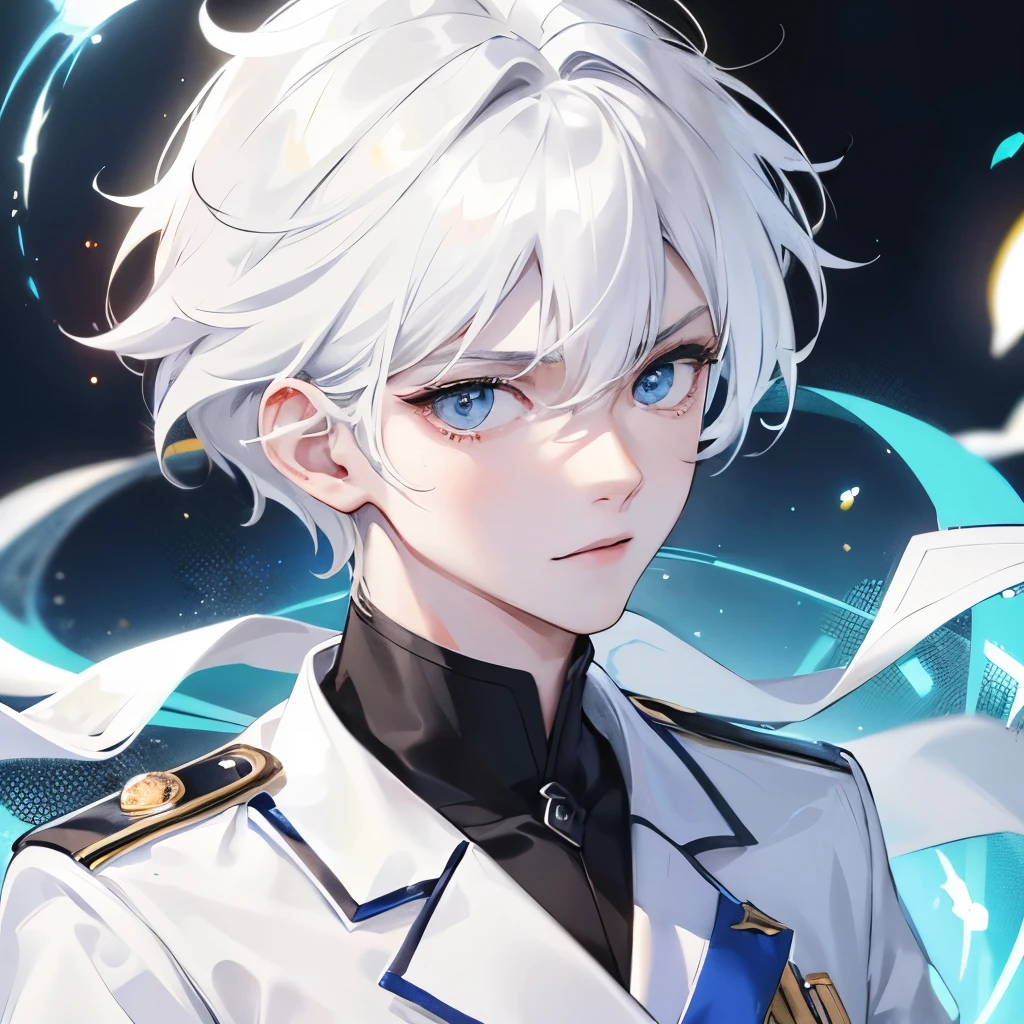 Boy, white hair, blue eyes, serious sharp features, white skin, young man, school uniform, at school