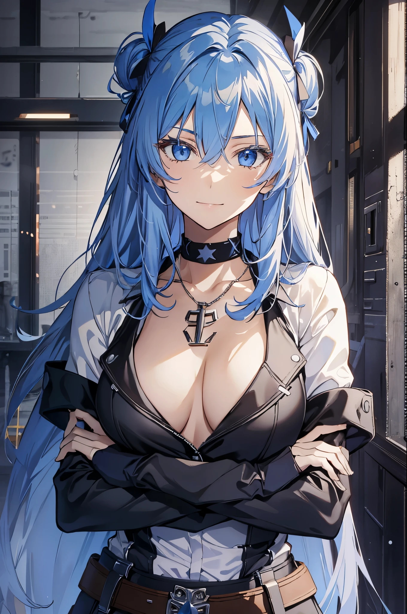 expensive body, expensive, long legs, mature female, mature, adult, simple background, Indoor left side_Akame_Esdeath, 1 girl, chest, blue eyes, blue hair, long hair, have, alone, uniform, cleavage, army uniform, large chest, army, tattoo, very long hair, hunting, smile, chest tattoo, choker, belt, hair between eyes, looking at the viewer,,(Standing in honor),crossed arms,cowboy shot