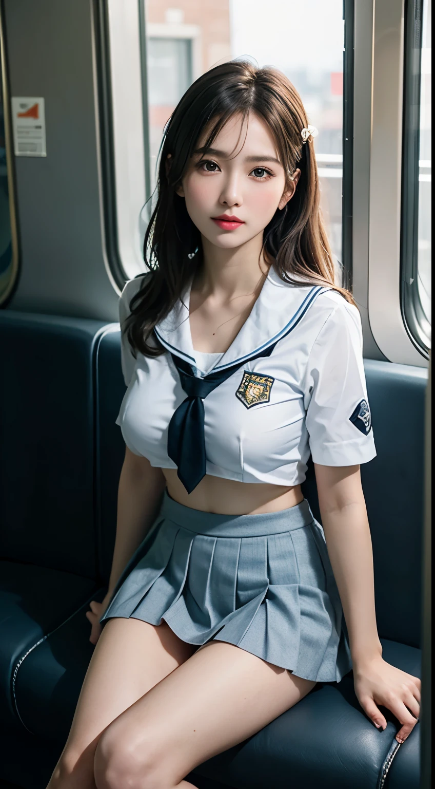 (highest quality:1.4), (hyper quality), (Super detailedな), Beautiful Girls, Super cute, wonderful face and eyes, Very realistic skins, (very shy look), (not looking here), (White school uniform:1.2, Light blue pleated super mini skirt:1.5), (Beautiful and incredibly large and soft breasts:1.3), (underlender body:1.1), beautiful clavicle, (long thin legs), (very thin constriction), real skin texture, crystal clear very white skin, Very fine skin, (bangs, Hair Accessories), beautiful goddess advent, beautiful background, golden ratio, conceptual art, Super detailed, Accurate, advanced details, In a crowded train, (Close contact with high school girls:1.2), (My chest is pressed against my chest.:1.2), (uniform is not exposed:1.2), (The material of the uniform is so thin that the shape of her chest is clearly visible.:1.2), super close range, (My chest is being rubbed), Composition looking down on the girl from above, sexy art, surrounded by a beautiful sunset, bright light, Super delicate illustration details, Highly detailed CG integrated 8k wallpaper, RAW photo, professional photos, cinematic lighting, Depth of bounds written, No bra, (The nipple protrusions push up the uniform), (The shape of the nipple protrusions through the uniform:1.3), cropped tops, (High heels on bare feet:1.1)