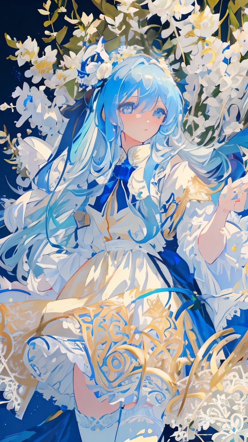 masterpiece, best quality, ultra-detailed, illustration, close-up, straight on, face focus, 1girl,Long lightblue hair,one small golden flower ornaments, blue eyes, serene expression, white shirt, looking at viewer, lace legwear,