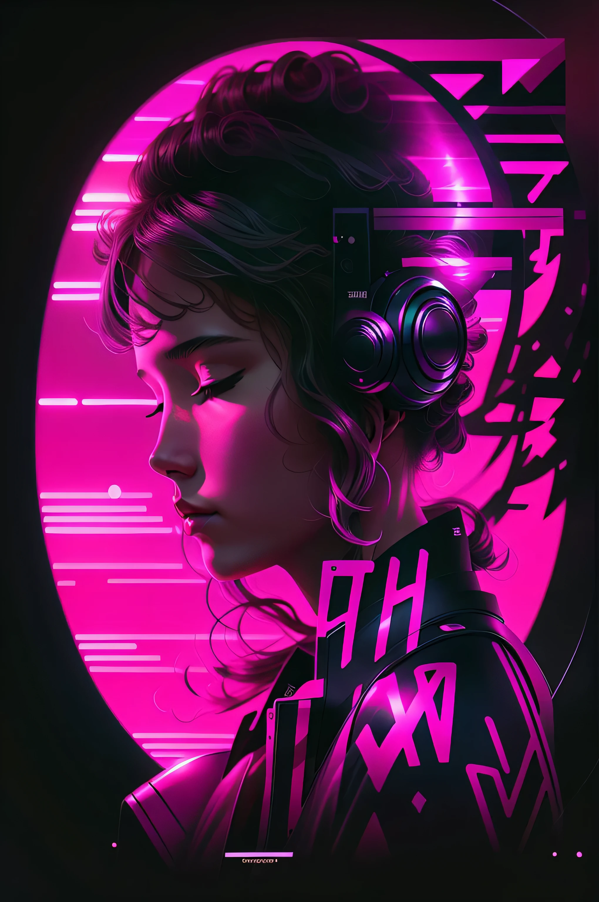 a woman with headphones in front of a pink circle, ( ( ( Synthetic wave ) ) ), 80s style Synthetic wave, arstation suave, Synthetic wave art style ]!!, (Synthetic wave), ((Synthetic wave)), Synthetic wave style, Synthetic wave inspired, 8 0 s Synthetic wave, dark Synthetic wave, [ Synthetic wave art style ]!!