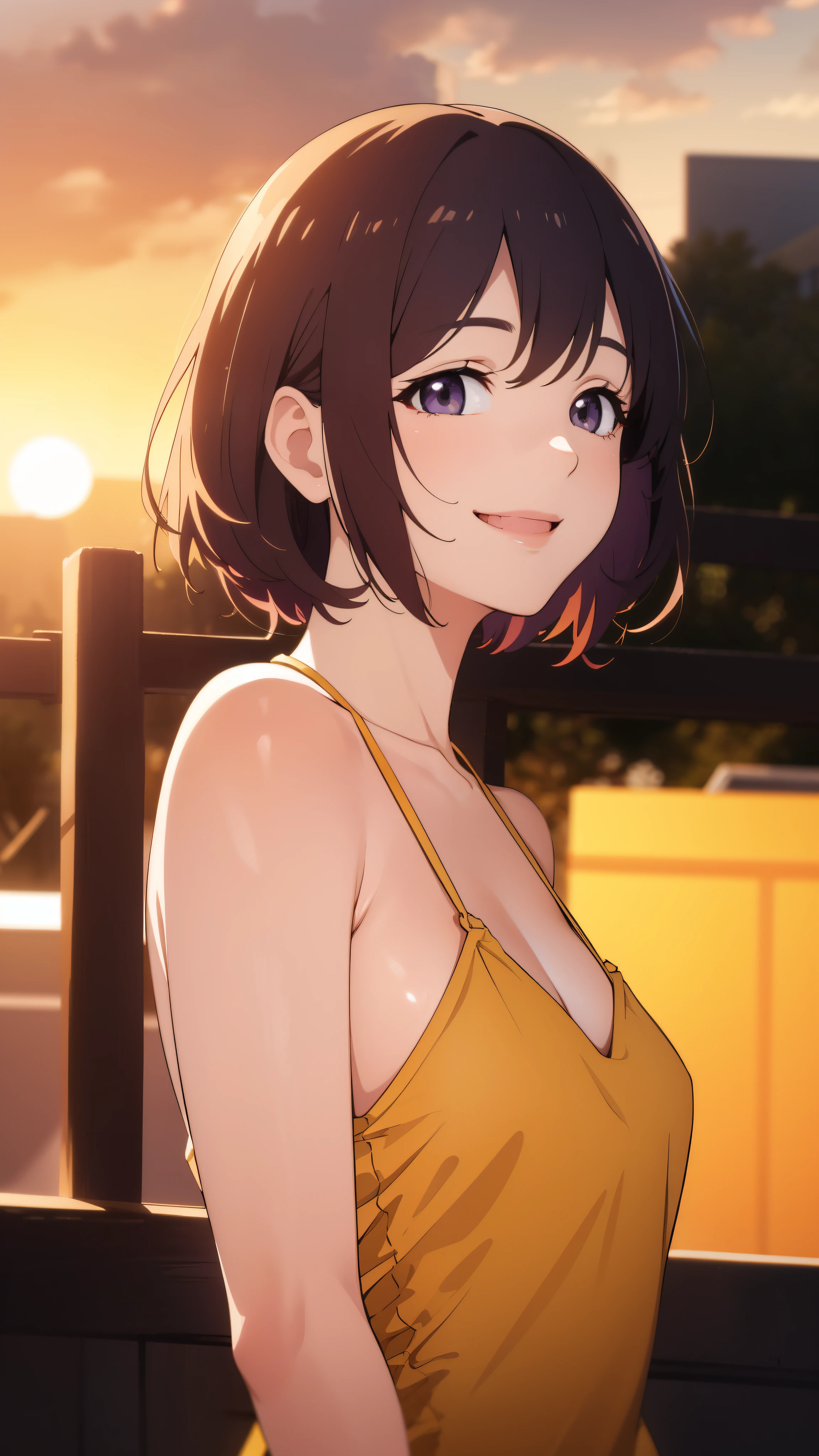 realistic, golden hour lighting, midi dress, (Upper body), (Idol), (attractive: 1), (purple short hair: 0.8), ((puffy eyes)),  facing forward, smile, laughter,middle chest, 