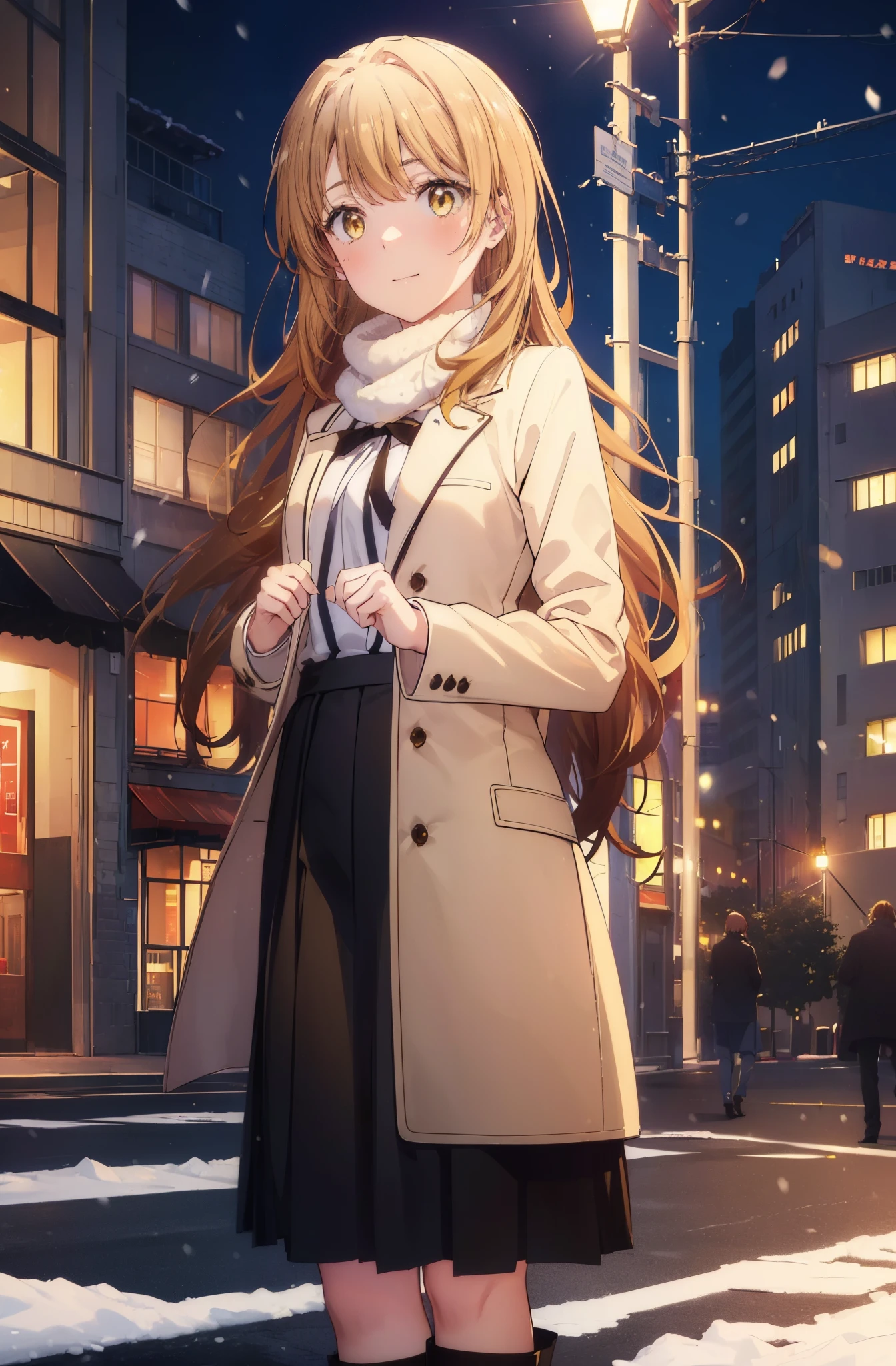 irohaisshiki, Isshiki Iroha, long hair, brown hair, (brown eyes:1.5), smile,blush,yellow long coat,sweater,red muffler,long black skirt,short boots,winter,It's snowing,
break outdoors, city,building street,
break (masterpiece:1.2), highest quality, High resolution, unity 8k wallpaper, (shape:0.8), (beautiful and detailed eyes:1.6), highly detailed face, perfect lighting, Very detailed CG, (perfect hands, perfect anatomy),