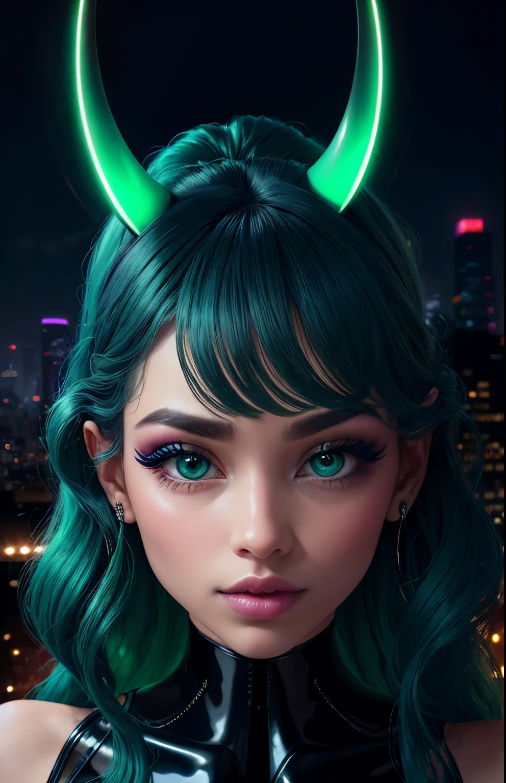 Beautiful green alien with green skin, looking at the camera, very long windy wavy blue glowing hair, three-quarter face, extra big beautiful eyes with black liner extra strong and extra ordinary very long eyelashes, charming look, slightly tilted head, small blue horns on the head, dark green complexion, silk peel, nice feeling, beautiful, supposed make-up, cosmetics, mascara, Pink lips. In the background is an aveniristic urban extraterrestrial city. bright. advertisement. extremely photorealistic.