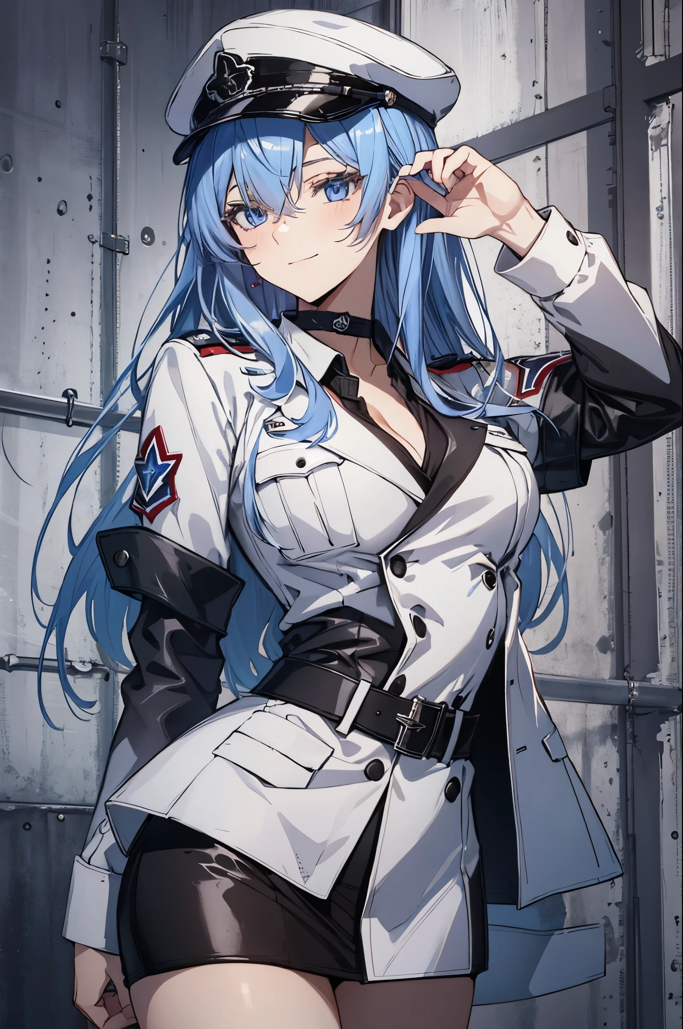 expensive body, expensive, long legs, mature female, mature, adult, simple background, Indoor left side_Akame_Esdeath, 1 girl, chest, blue eyes, blue hair, long hair, have, alone, uniform, (cleavage:0.8), (((white army uniform))),skirt, (large breasts), army, tattoo, very long hair, Hunting Cap, seductive smile, choker, belt, hair between eyes, looking at the viewer,model pose,cowboy shot