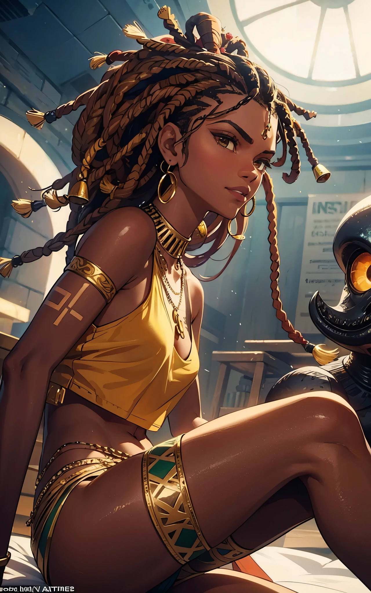 (Zendaya:Halle Berry) dressed like a nigerian chaman, red green and yellow sleeveless tunic, (high top fade haircut and dreads) tribal tattoo in the face, (golden rings necklace), Lovecraft atmosphere, masterpiece, hyperdetailed
