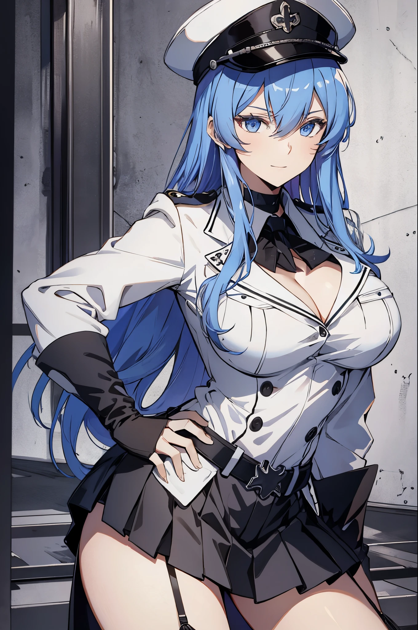 expensive body, expensive, long legs, mature female, mature, adult, simple background, Indoor left side_Akame_Esdeath, 1 girl, chest, blue eyes, blue hair, long hair, have, alone, uniform, (cleavage:0.8), (((white army uniform))),skirt, (large breasts), army, tattoo, very long hair, Hunting Cap, seductive smile, choker, belt, hair between eyes, looking at the viewer,model pose,cowboy shot