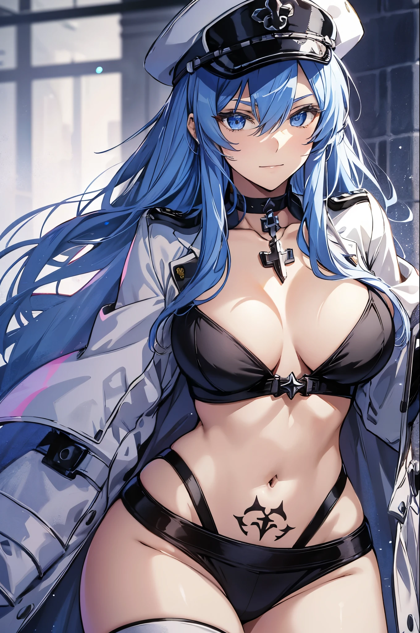 expensive body, expensive, long legs, mature female, mature, adult, simple background, Indoor left side_Akame_Esdeath, 1 girl, chest, blue eyes, blue hair, long hair, have, alone, uniform, cleavage, ((white army uniform)), large chest, army, tattoo, very long hair, Hunting Cap, smile, chest tattoo, choker, belt, hair between eyes, looking at the viewer,,(Standing in honor),model pose,cowboy shot