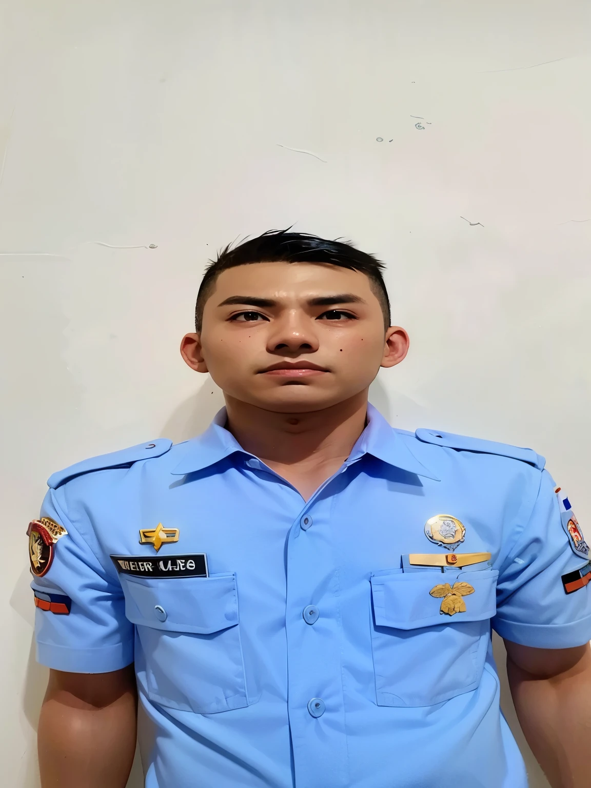 Seorang pria memakai seragam tentara indonesia, memakai baret oren, latar belakang presenter