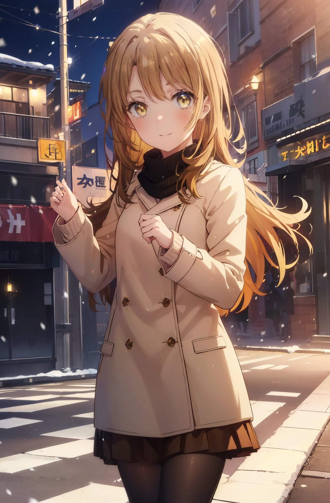 irohaisshiki, Isshiki Iroha, long hair, brown hair, (brown eyes:1.5), smile,blush,yellow long coat,sweater,red muffler,long skirt,black pantyhose,Mini Boots,winter,It&#39;s snowing,
break outdoors, city,building street,
break (masterpiece:1.2), highest quality, High resolution, unity 8k wallpaper, (shape:0.8), (beautiful and detailed eyes:1.6), highly detailed face, perfect lighting, Very detailed CG, (perfect hands, perfect anatomy),