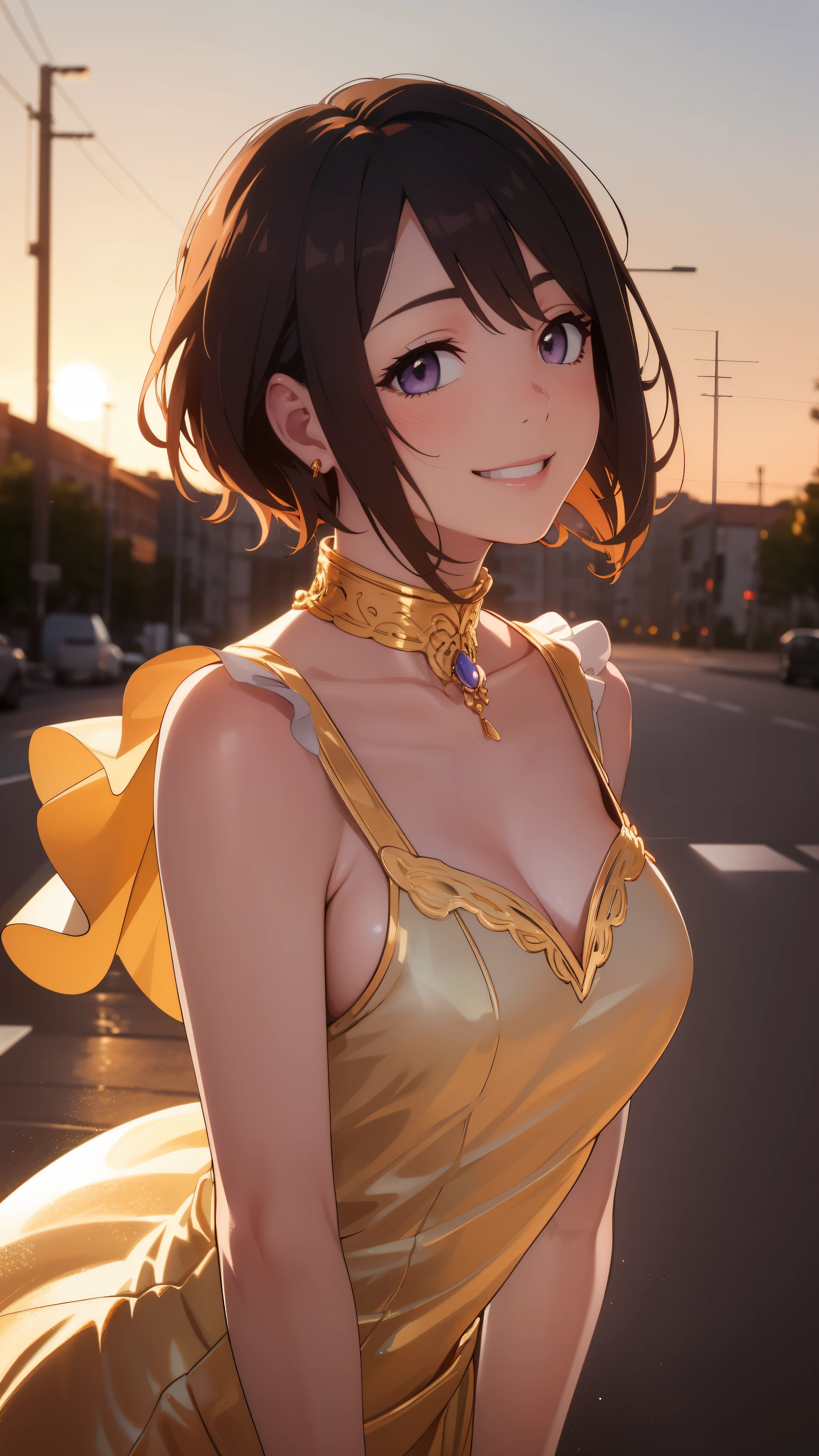 realistic, golden hour lighting, midi dress, (Upper body), (Idol), (attractive: 1), (purple short hair: 0.8), ((puffy eyes)),  facing forward, smile, laughter,middle chest, 