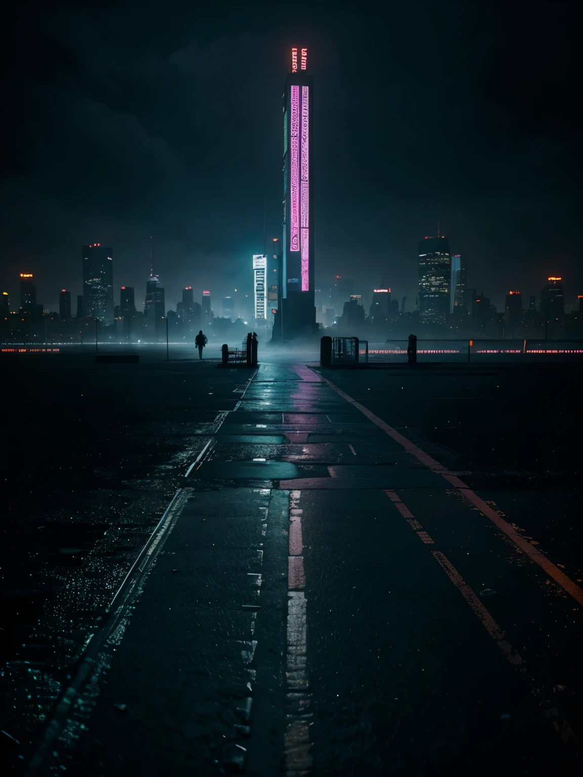 New york, city, cyberpunk, cyberpunk city, cyberpunk style, neon light, rain, fog, night time, road, ground view, tall city, lake, city background, no one, 8k, masterpiece, high resolution, high details