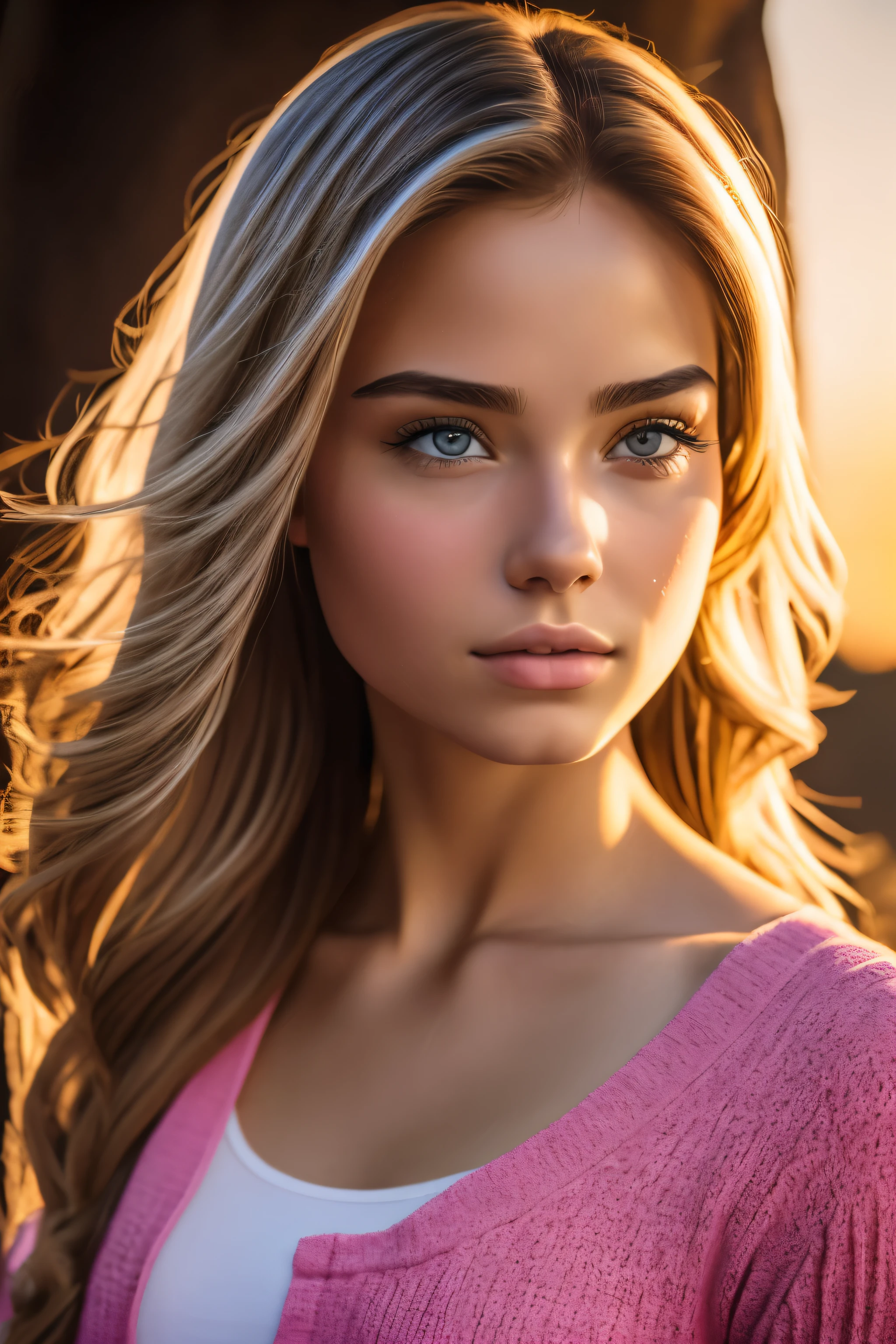 8K, Best quality, masterpiece, ultra high resolution, (realism: 1.4), Original photo, (realistic skin texture: 1.3), (detailing: 1.3), (Selfie angle), 1 girl, pink clothes, Sapphire eyes and beautiful facial details, masterpiece, Best quality, Close-up, Quality pull-ups for the upper body