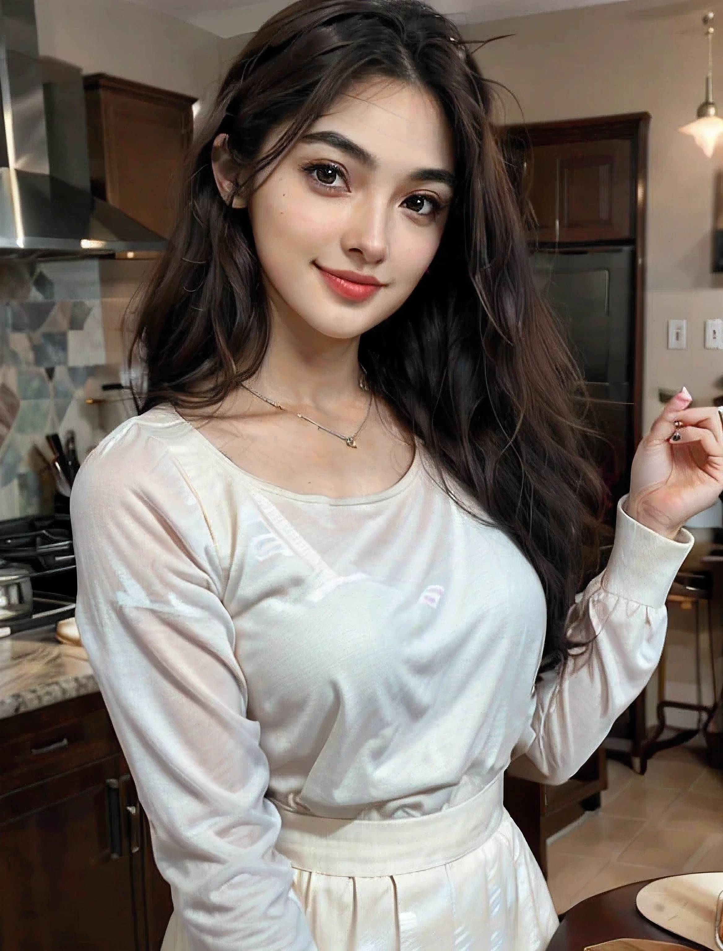 raw, analog style, beautifully, best quality, Super detailed, fine details, Wide-angle lens, colorful, (Perfect body, perfect face), 详细whole body, (beautiful 30 years old charming马来妹: 1.3), soft lips, (light eyebrows: 1.4), 1 female, 30 years old, focus only, healthy figure, healthy brown skin, Dark complexion, soft lips, ( light eyebrows: 1.4), Shiny brown eyes, long black curly hair, hairpin, medium bust, 精致的modern furniture, flowing hair(Circle hair), beautiful and beautifully eyes, Pink green skirt, Smile, best quality, ultra high resolution, (realism: 1.4), hyperrealism, 1 girl, Smile, charming, whole body, C cup, small breasts, Covered breasts, charming charming round face, Very detailed, beautifully collarbone, sapphire necklace, charming身材, light green girl'dress, Smile, Kitchen at home, White cabinets, modern home, modern furniture, There are red wine glasses on the table, playful gestures