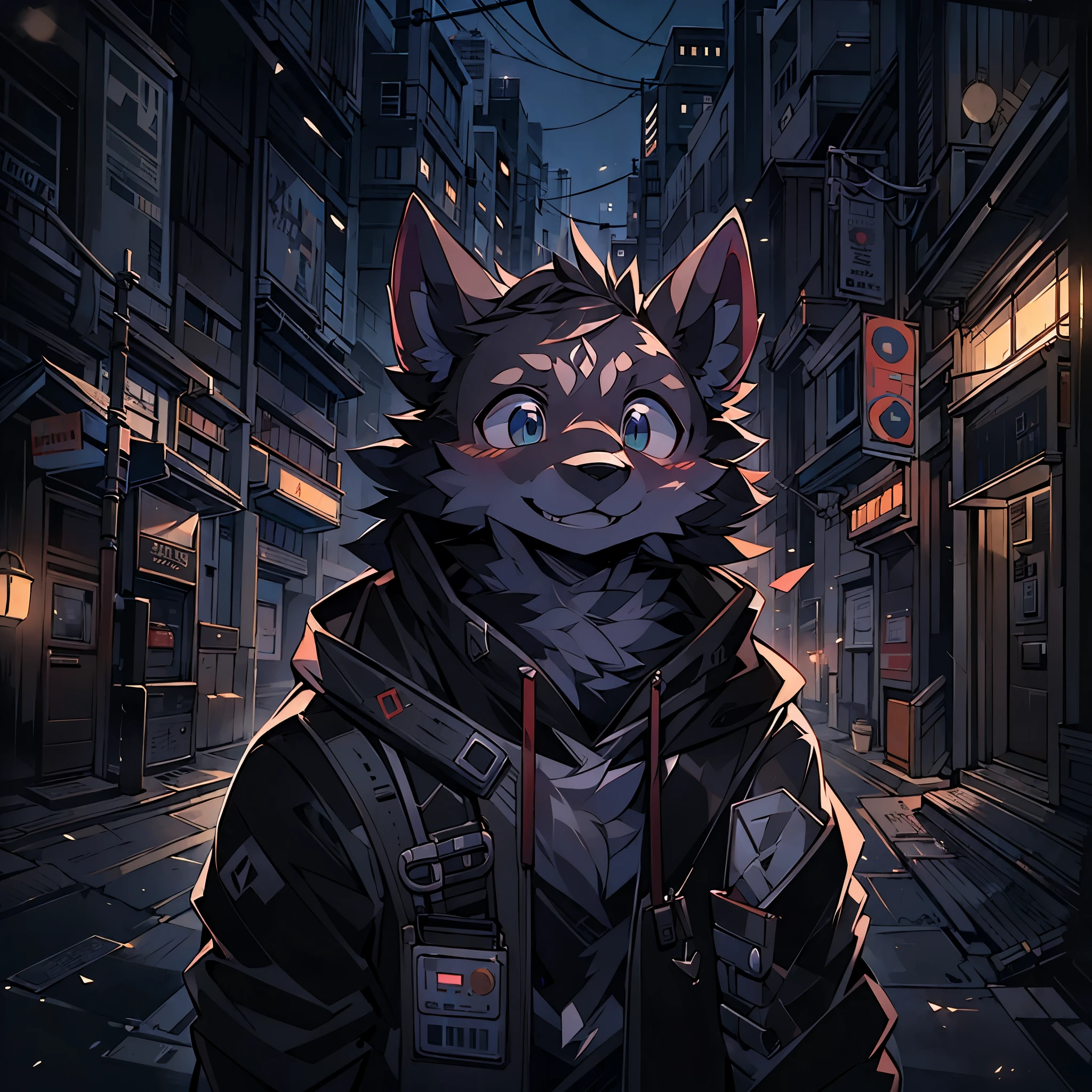 Single, furry male, furry, wolf, canine, full-body, dark fur, black-gray fur, blue eyes, glasses, blue runes, mage, black coat, short sleeves, short hair, masterpiece