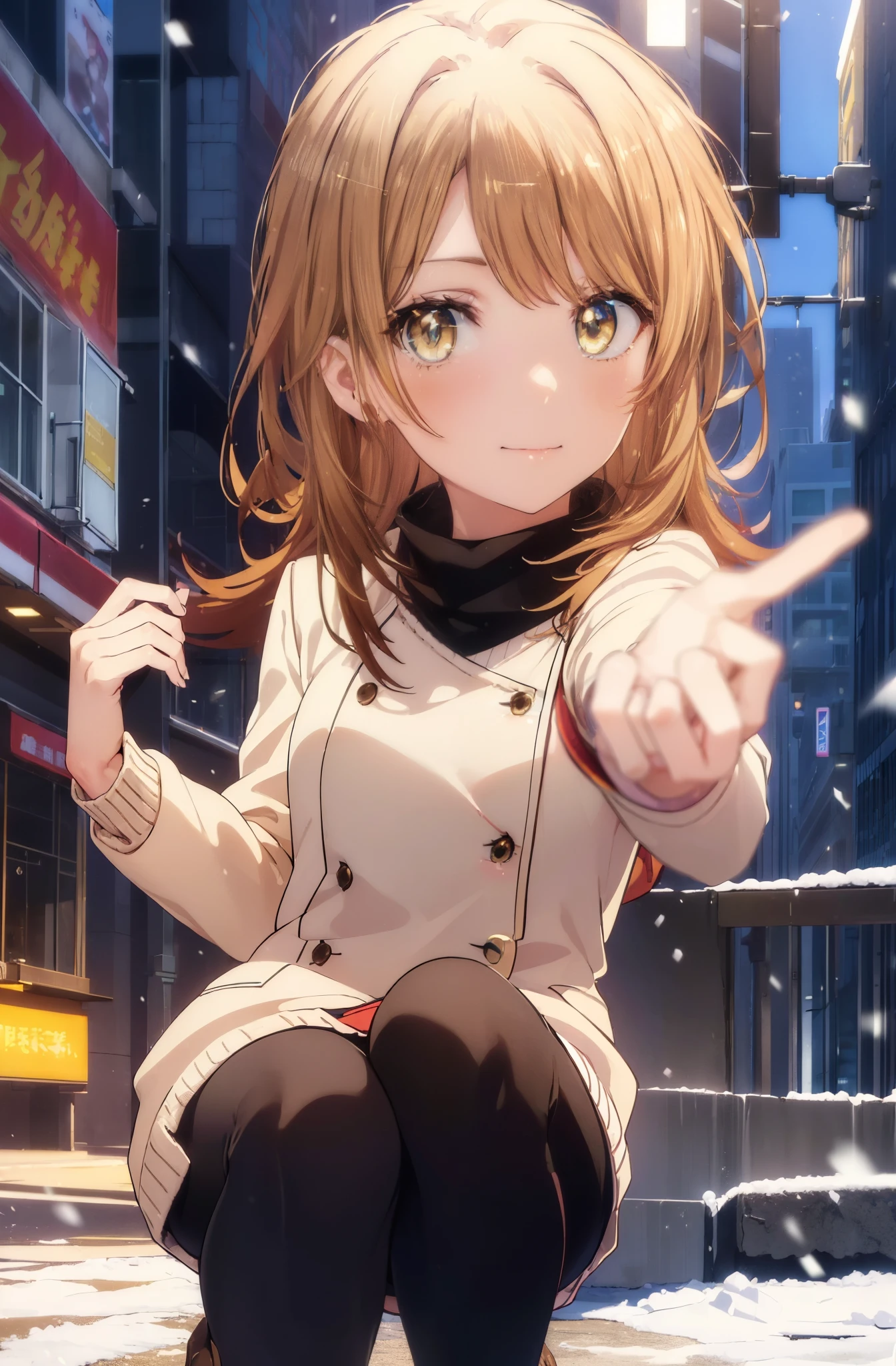 irohaisshiki, Isshiki Iroha, long hair, brown hair, (brown eyes:1.5), smile,blush,yellow long coat,sweater,red muffler,long skirt,black pantyhose,Mini Boots,winter,It&#39;s snowing,
break outdoors, city,building street,
break (masterpiece:1.2), highest quality, High resolution, unity 8k wallpaper, (shape:0.8), (beautiful and detailed eyes:1.6), highly detailed face, perfect lighting, Very detailed CG, (perfect hands, perfect ???????),