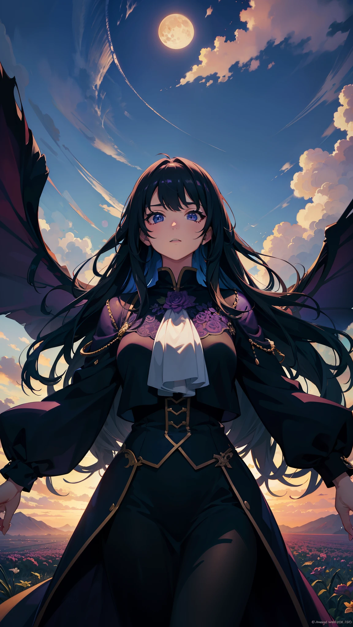 expansive landscape photograph , (a view from below that shows sky above and open field below), a girl standing on flower field looking up, bright sunny day (clouds:1.2), distant mountain, tree BREAK production art, lot of purple and orange, intricate details, volumetric lighting, realism BREAK (masterpiece:1.2), detailed shadows, (best quality), 4k, ultra-detailed, (dynamic composition:1.4), highly detailed, colorful details,( iridescent colors:1.2), (glowing lighting, atmospheric lighting), dreamy, magical, (solo:1.2), night, moon, long hair