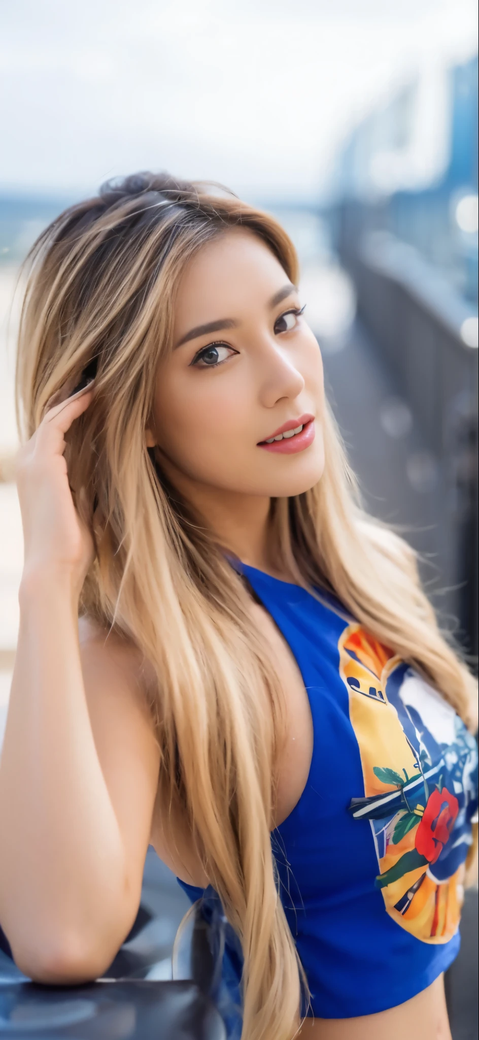 ((Masterpiece, Top image quality, high resolution、alone、shiny skin))(on the table, best quality, actual, super detailed, meticulous, high resolution, 8k wallpaper), Close-up portrait of a beautiful woman, like, smiling, light brown messy hair, Perfect dynamic composition, 美丽meticulous的眼睛, Just like the cover of a fashion magazine, on campus,wearing gold glasses
