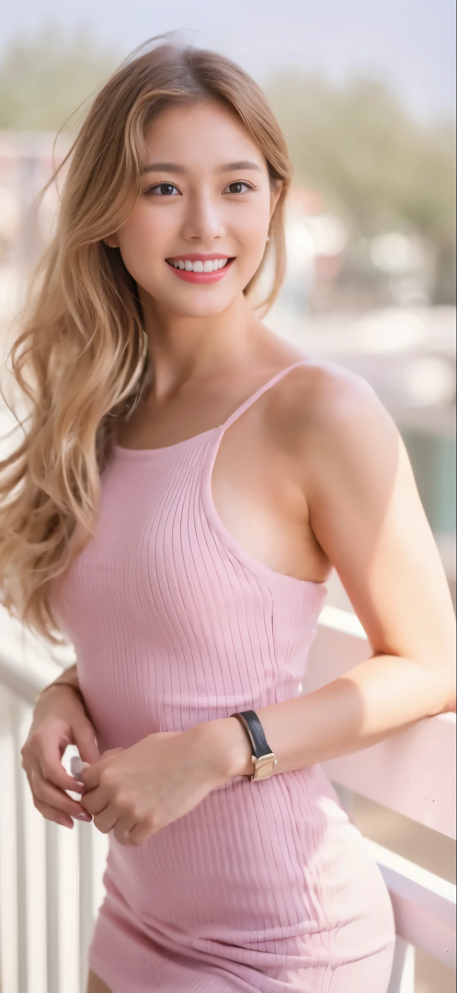 ((Masterpiece, Top image quality, high resolution、alone、shiny skin))(on the table, best quality, actual, super detailed, meticulous, high resolution, 8k wallpaper), Close-up portrait of a beautiful woman, like, smiling, light brown messy hair, Perfect dynamic composition, 美丽meticulous的眼睛, Just like the cover of a fashion magazine, on campus,wearing gold glasses
