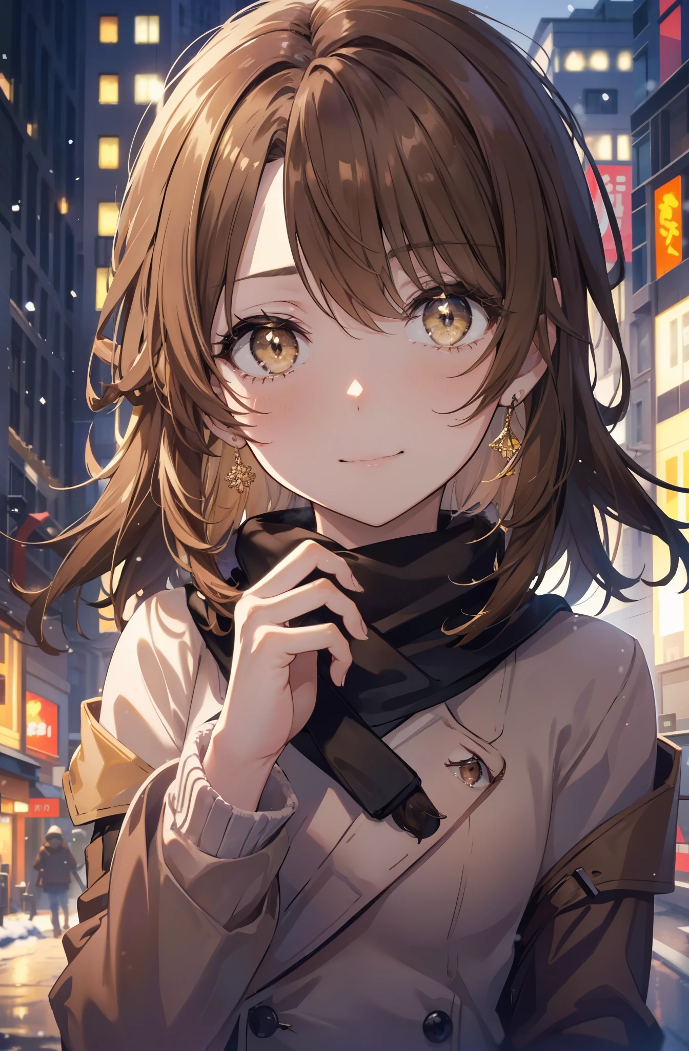 irohaisshiki, Isshiki Iroha, long hair, brown hair, (brown eyes:1.5), smile,blush,yellow long coat,sweater,red muffler,long skirt,Mini Boots,winter,It&#39;s snowing,
break outdoors, city,building street,
break (masterpiece:1.2), highest quality, High resolution, unity 8k wallpaper, (shape:0.8), (beautiful and detailed eyes:1.6), highly detailed face, perfect lighting, Very detailed CG, (perfect hands, perfect anatomy),