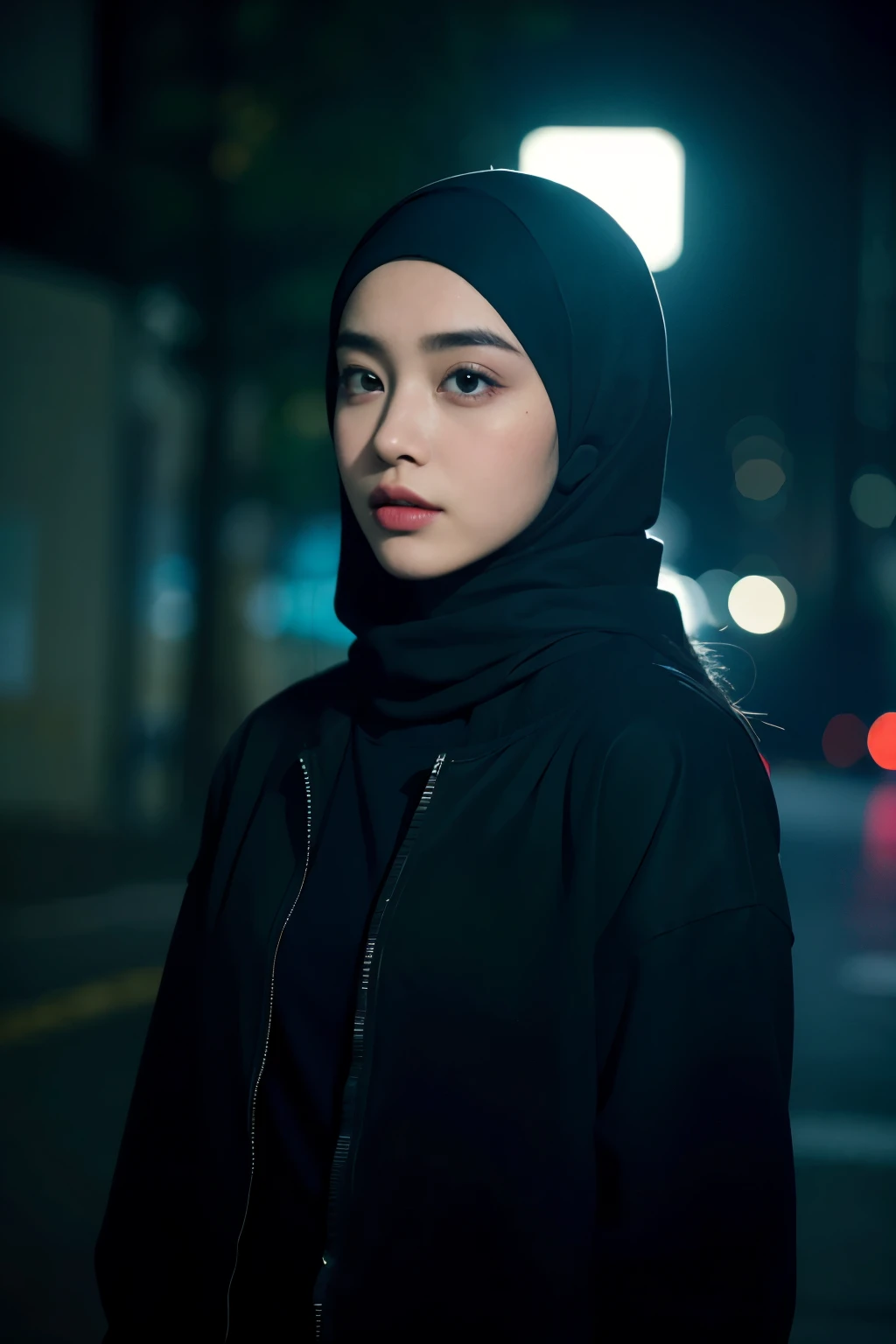 a malay teenage girl in hijab and ironman suit standing in action in front of bustling kuala lumpur malaysia city streets, serious face, nighttime, 35mm lens, Extreme close-up, pastel color grading, depth of field cinematography effect, film noir genre, 8k resolution, high quality, ultra detail