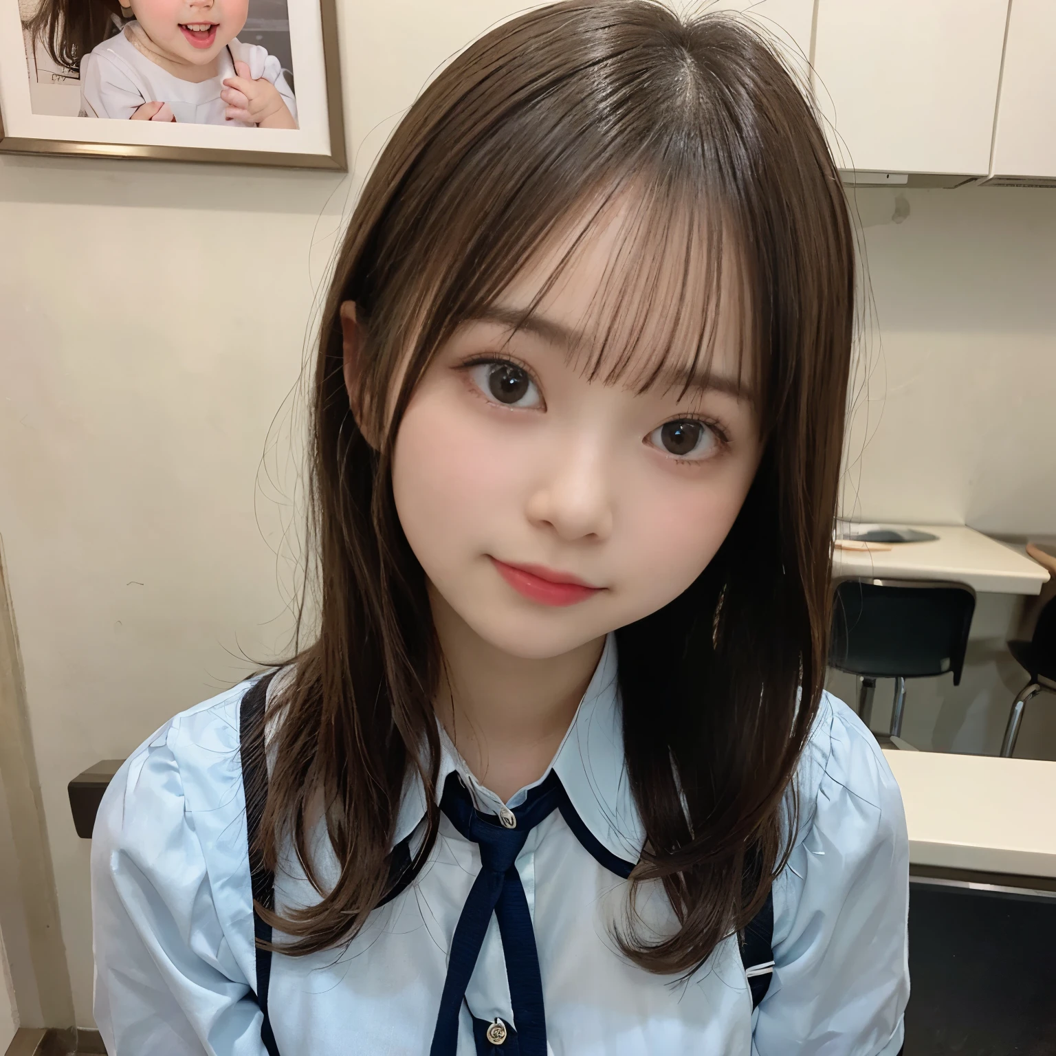 left hand behind hair、beautiful hair、high school girl、very cute face、short bob、uniform、(baby face).