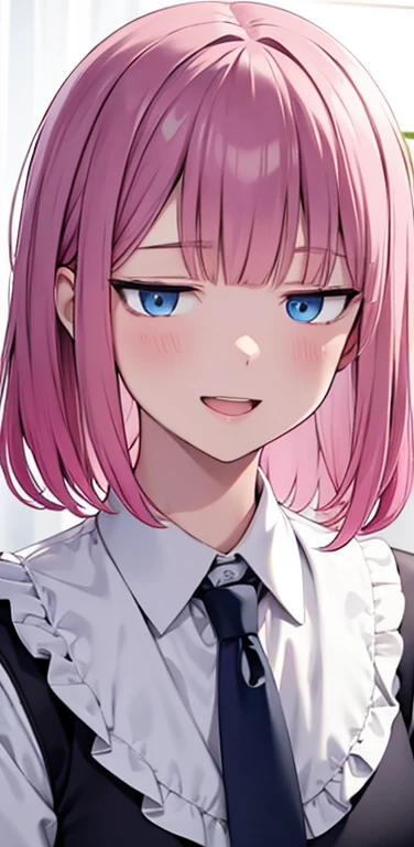 Realistic、1girl、fluorescence pink hair、blue eyes、(eye focus:1.3,face focus:1.3,upper body:1.5),(gradient eyes:1.3),(blouse)、open mouth,(light smile:1.3),blunt bangs、cute face,portrait,