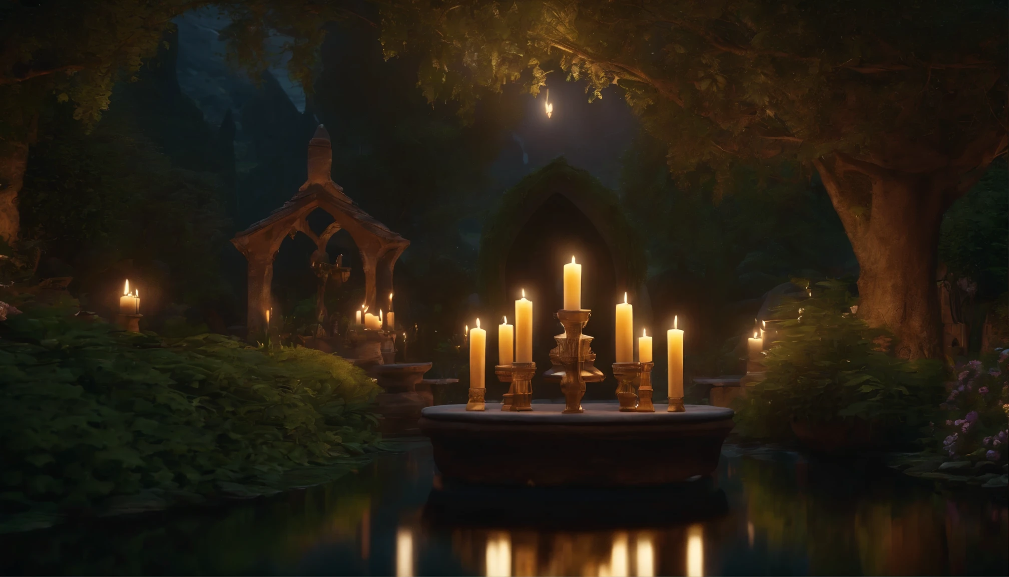 a garden, middle earth, with candles, middle earth style buildings, calm environment, similar to an elf garden in middle earth, night to night, 8k, high quality, realistic