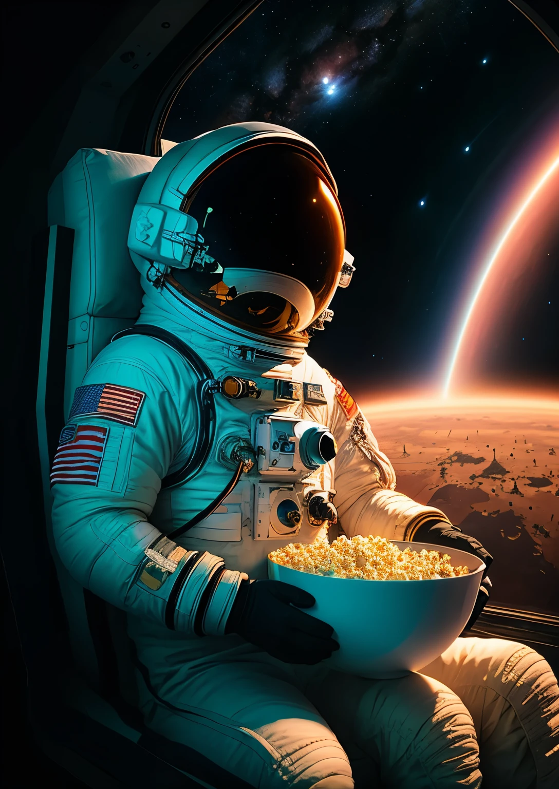 astronaut eating a bowl of popcorn, realism, full size of body in space with a view of the Mars, red planet, beeple. hyperrealism, feeds on the entire cosmos, photo manipulation, an astronaut relaxing in space, realism | beeple, beeple daily art, creative photo manipulation, space travel, astronaut in space, space photography, astronaut lost in liminal space, astronaut