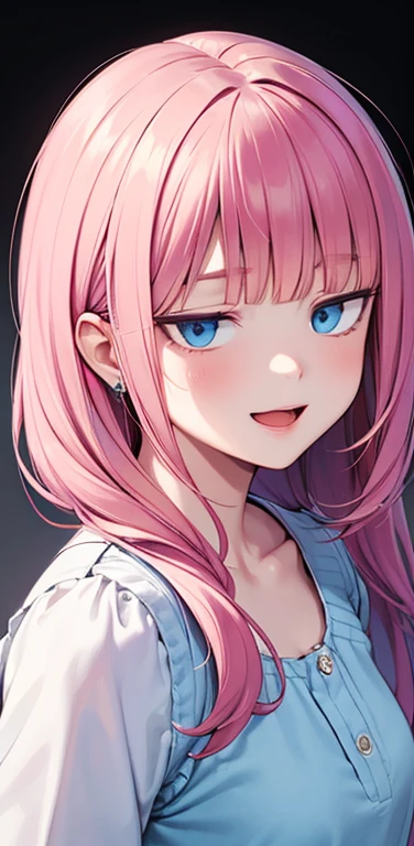 Realistic、1girl、fluorescence　pink hair、blue eyes、(eye focus:1.3,face focus:1.3,upper body:1.5),(gradient eyes:1.3),(blouse)、open mouth,(light smile:1.3),blunt bangs、cute face,portrait,