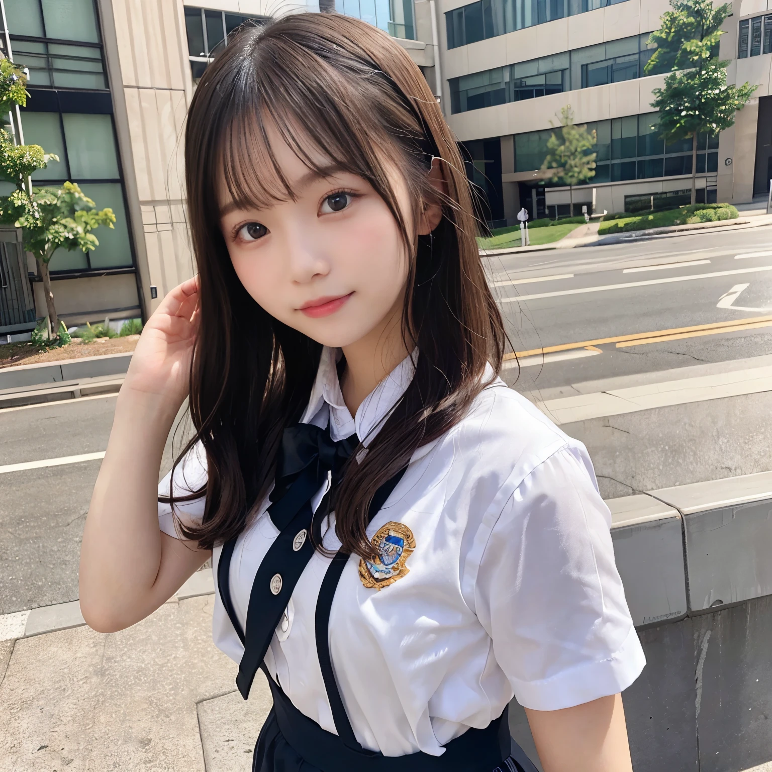 left hand behind hair、beautiful hair、high school girl、very cute face、short bob、uniform、(baby face).