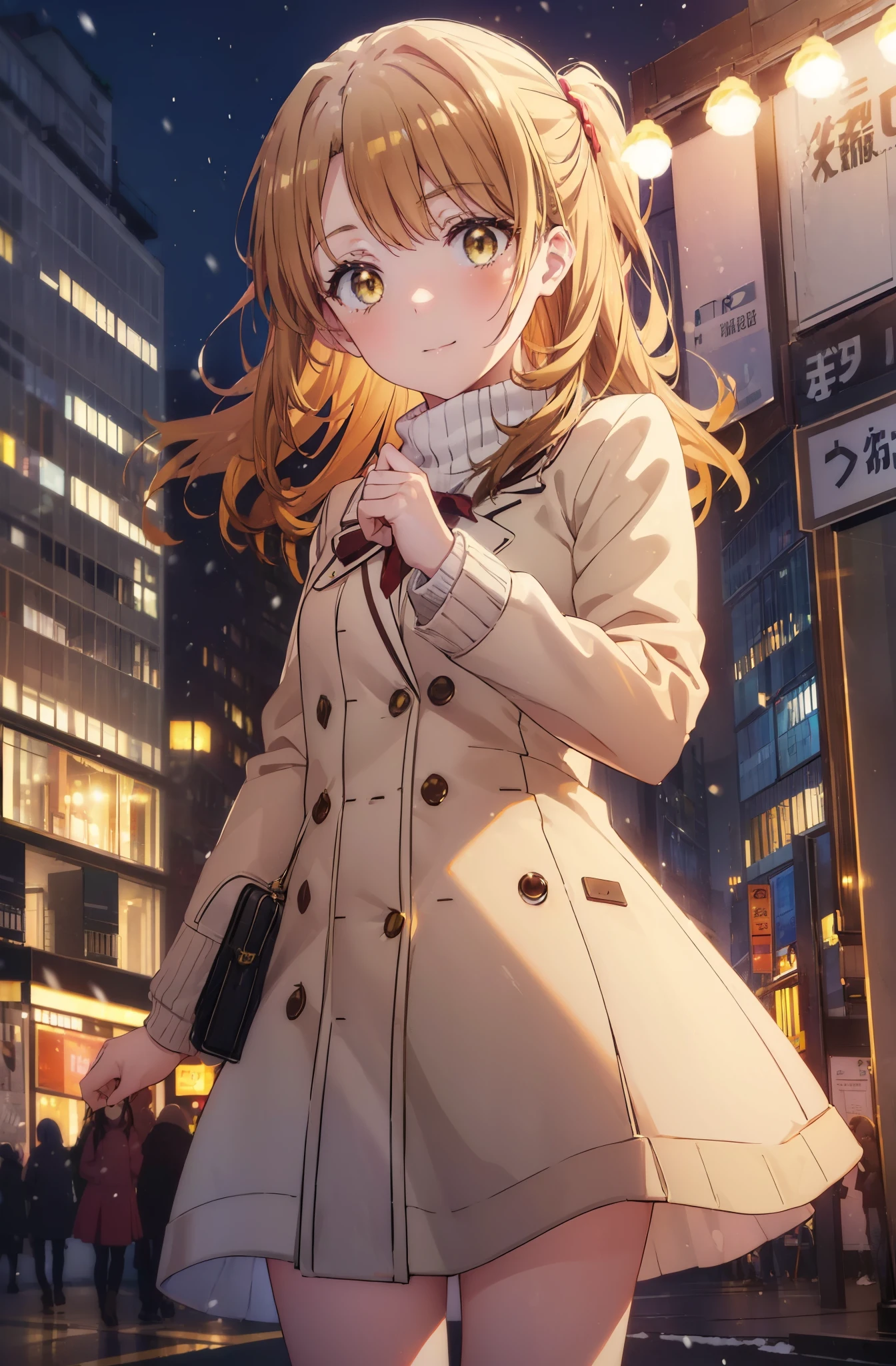 irohaisshiki, Isshiki Iroha, long hair, brown hair, (brown eyes:1.5), smile,blush,yellow long coat,sweater,red muffler,long skirt,Mini Boots,winter,It's snowing,whole body,
break outdoors, city,building street,
break (masterpiece:1.2), highest quality, High resolution, unity 8k wallpaper, (shape:0.8), (beautiful and detailed eyes:1.6), highly detailed face, perfect lighting, Very detailed CG, (perfect hands, perfect anatomy),