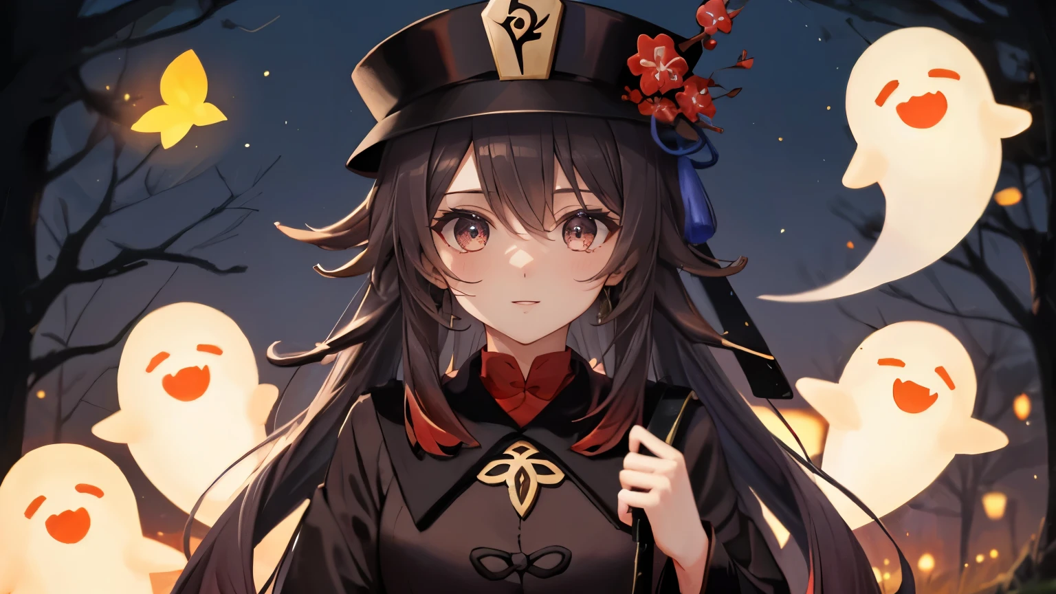 (best quality,highres)Hu Tao from genshin impact? hat on the head in the frame,long hair, Extremely detailed, High resolution, Best quality, Masterpiece, smile, night forest, ghosts, fireflies,in the frame in large numbers, gaze